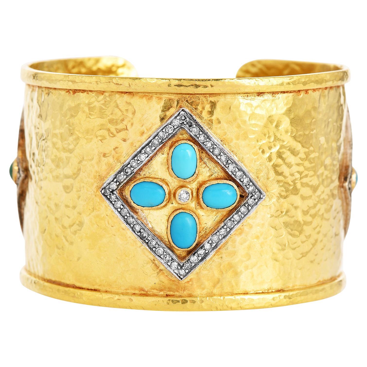 Designer  Diamond Turquoise 18K Gold Wide Cuff Bracelet For Sale