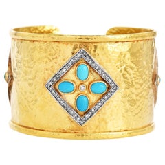 Designer  Bracelet manchette large en or 18K avec turquoise et diamants