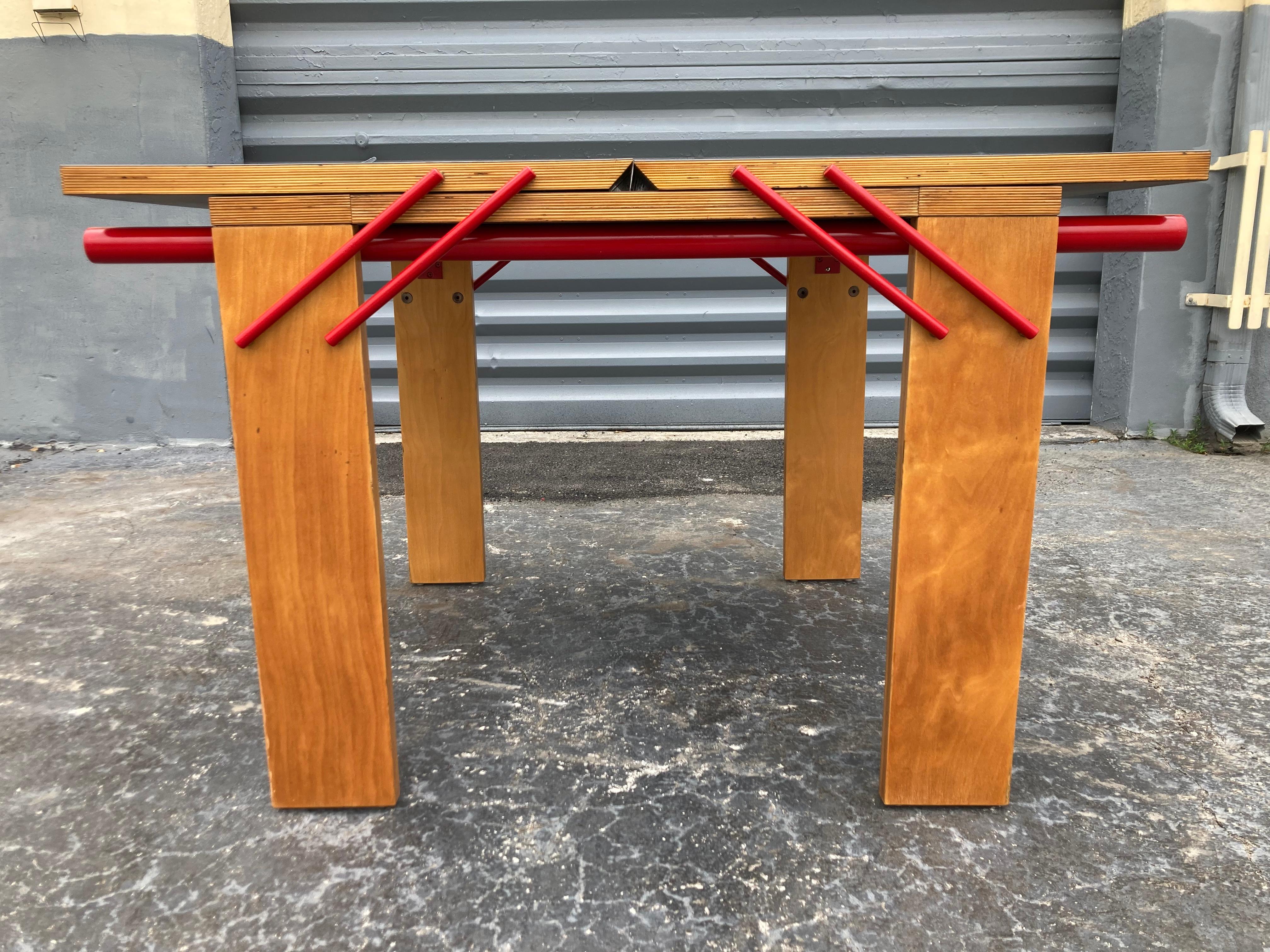 American Designer Dining Table, Plywood, Red For Sale