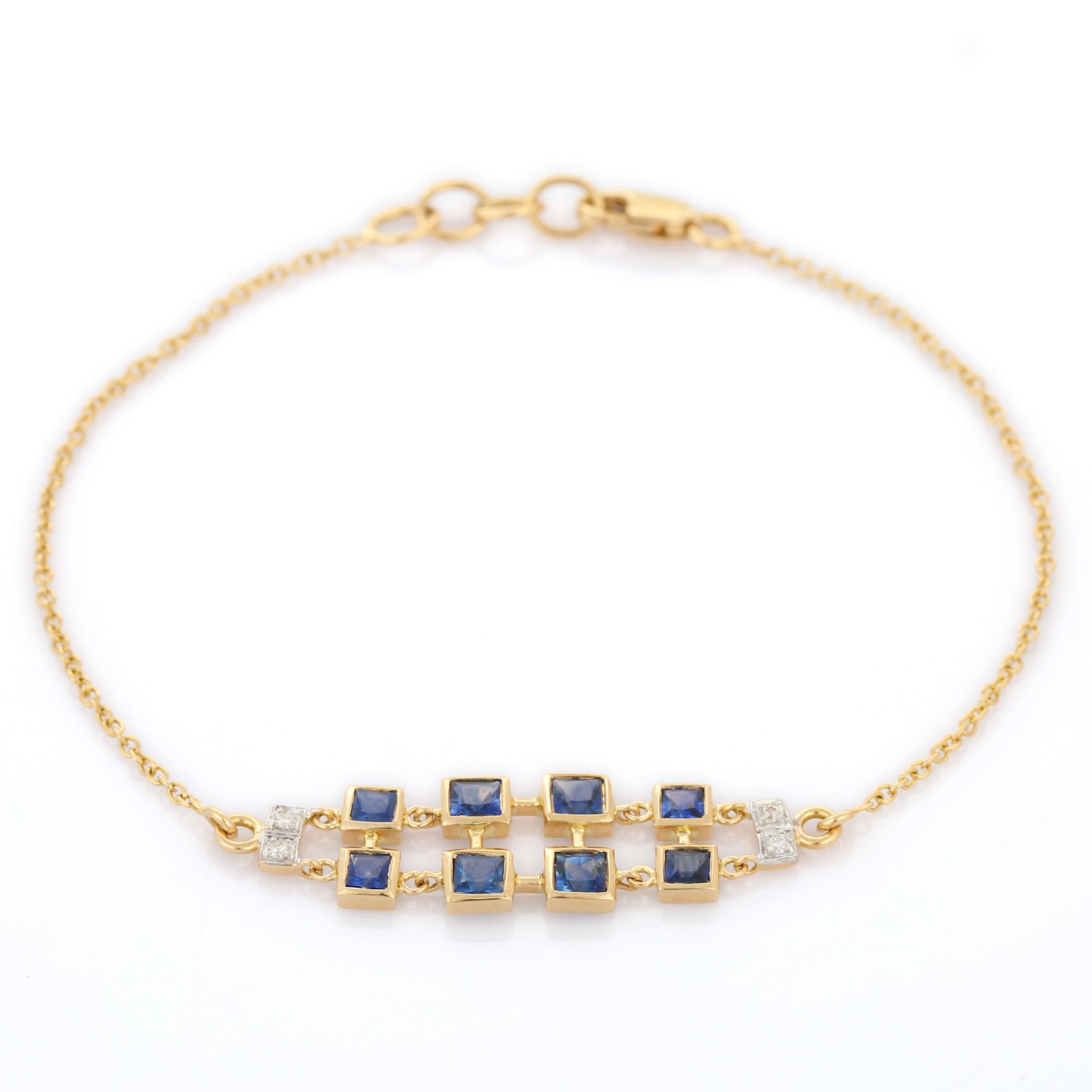 Art Deco Designer Double Chain Blue Sapphire Chain Bracelet Studded in 18K Yellow Gold For Sale