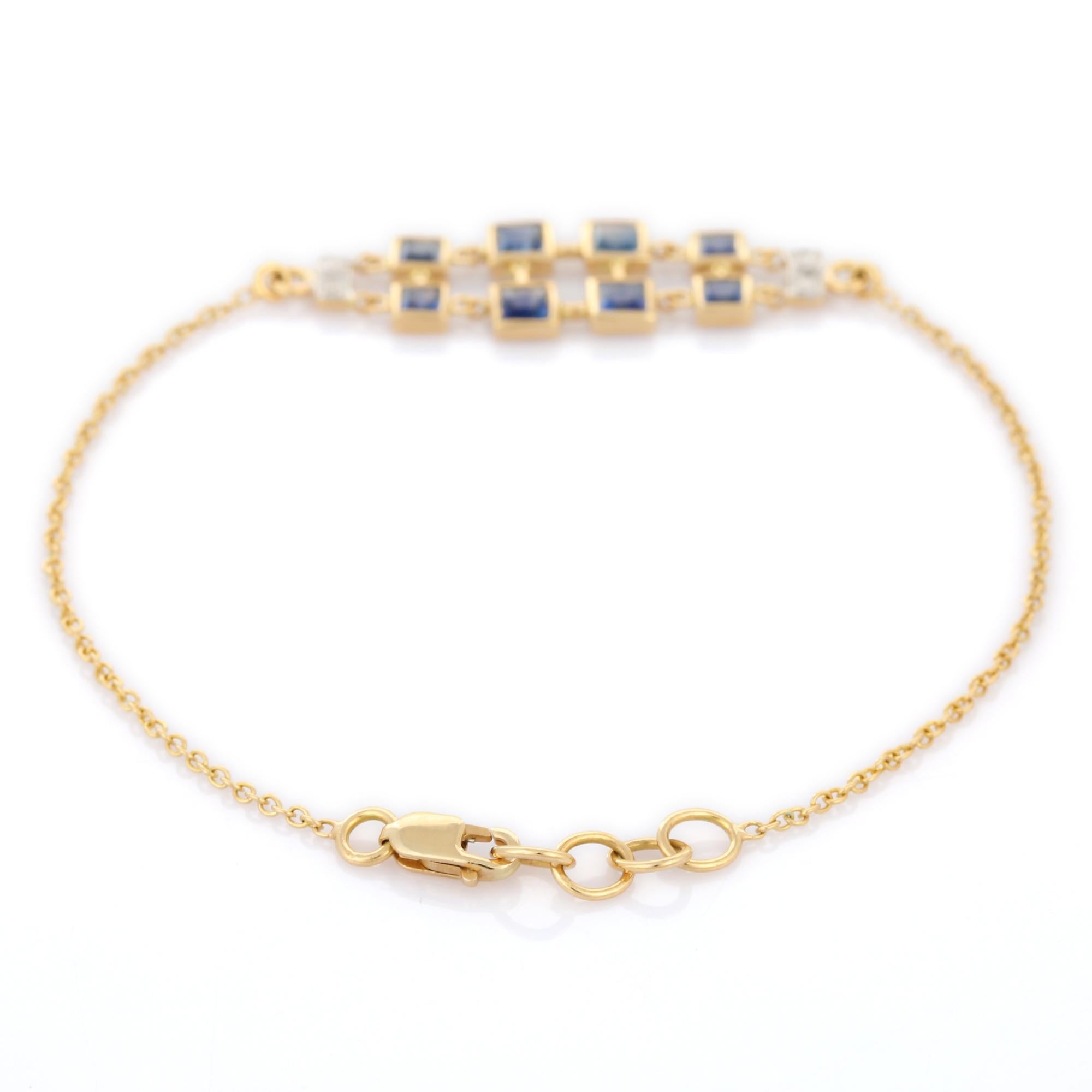 Square Cut Designer Double Chain Blue Sapphire Chain Bracelet Studded in 18K Yellow Gold For Sale