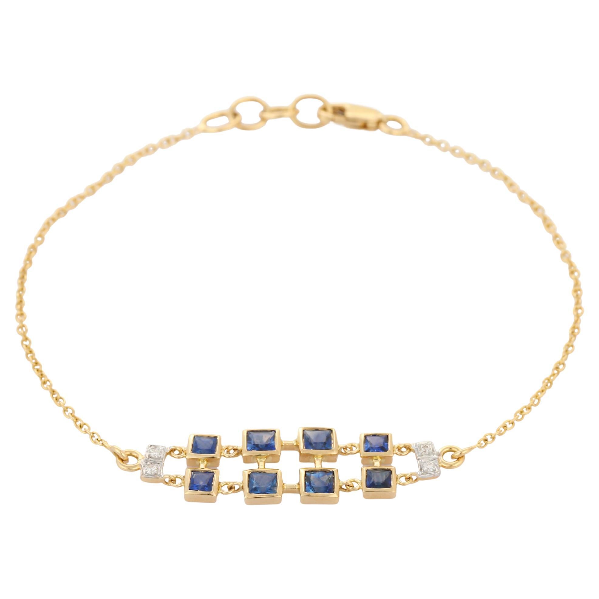Designer Double Chain Blue Sapphire Chain Bracelet Studded in 18K Yellow Gold For Sale