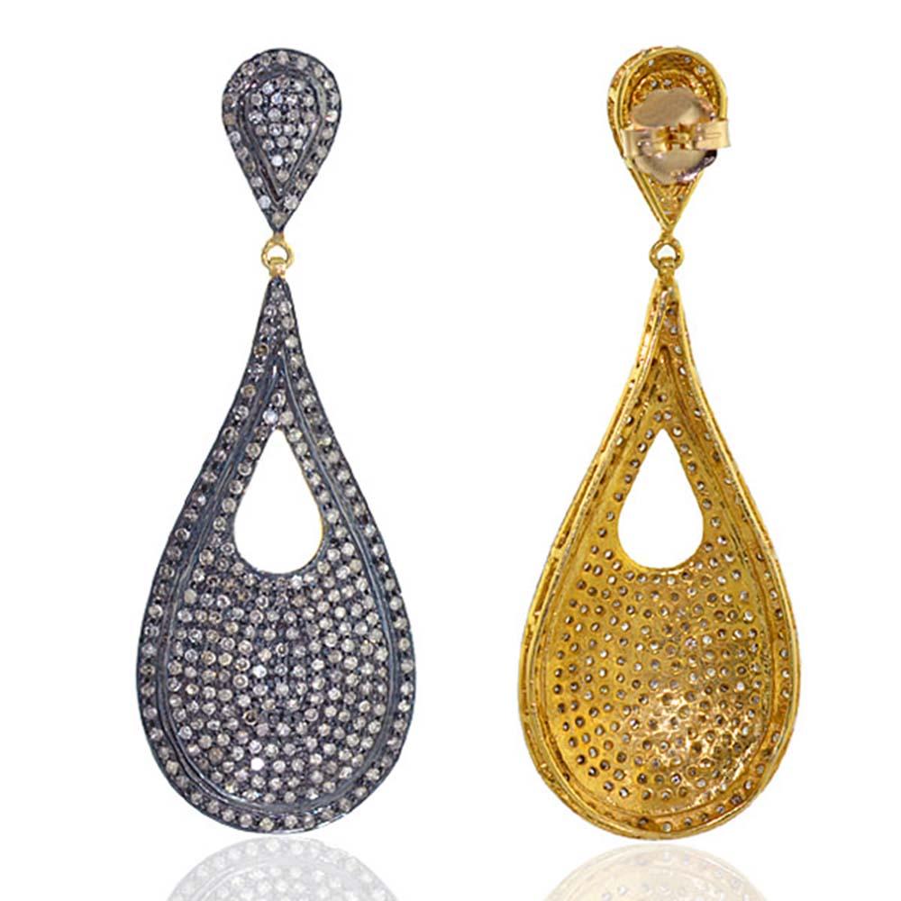 Modern Designer Drop Shape Diamond Pave Earring in Silver and Gold with Black Rhodium For Sale