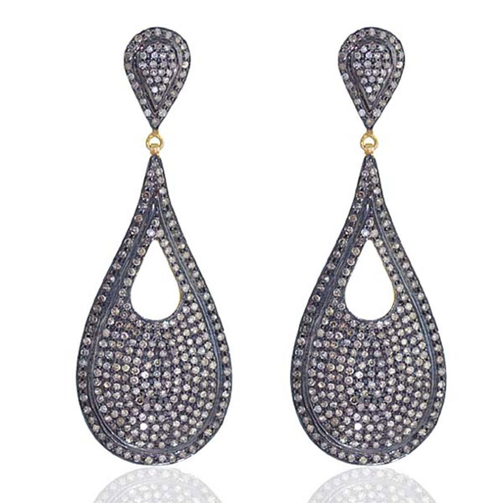 Round Cut Designer Drop Shape Diamond Pave Earring in Silver and Gold with Black Rhodium For Sale