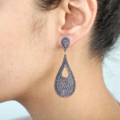 Designer Drop Shape Diamond Pave Earring in Silver and Gold with Black Rhodium