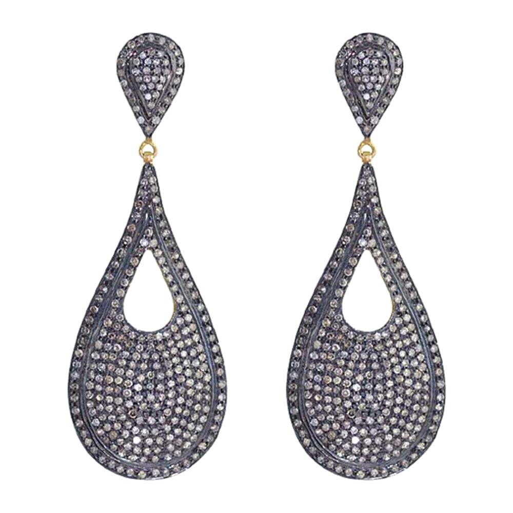 Designer Drop Shape Diamond Pave Earring in Silver and Gold with Black Rhodium For Sale