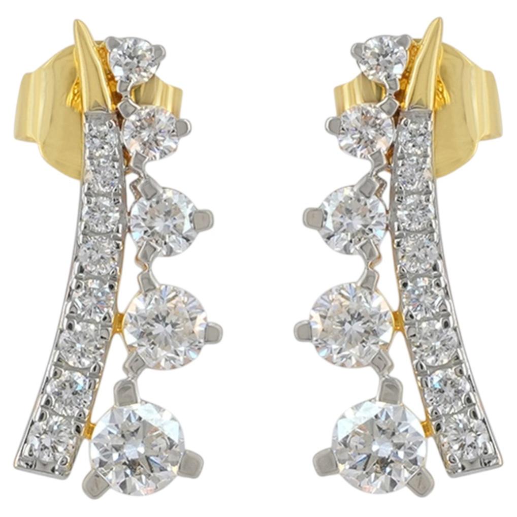 1.02 Ct Natural Diamond Solid 14k Yellow Gold Ear Crawler Stud Earrings For Sale