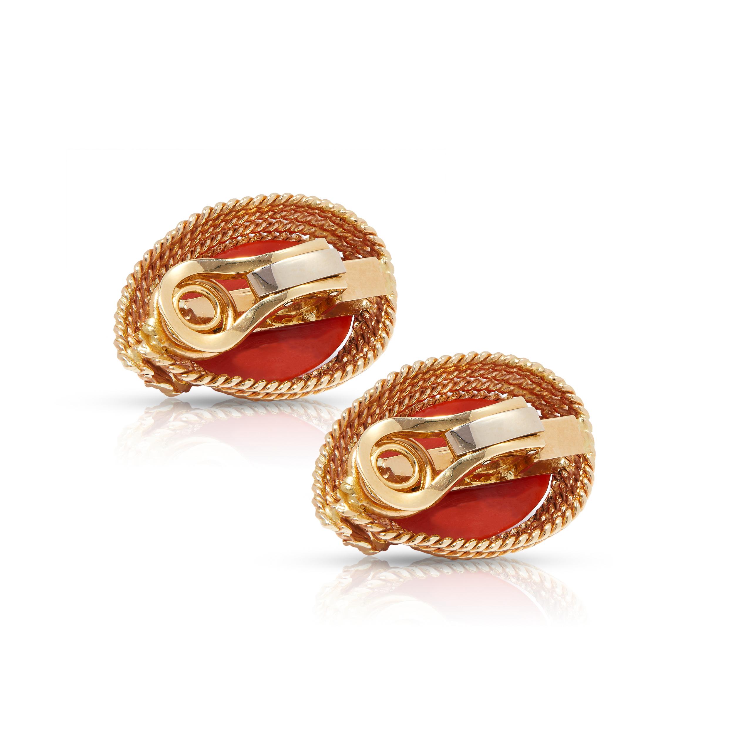 Brilliant Cut Designer Earrings with Gold Rope Twist and Coral Cabochons For Sale