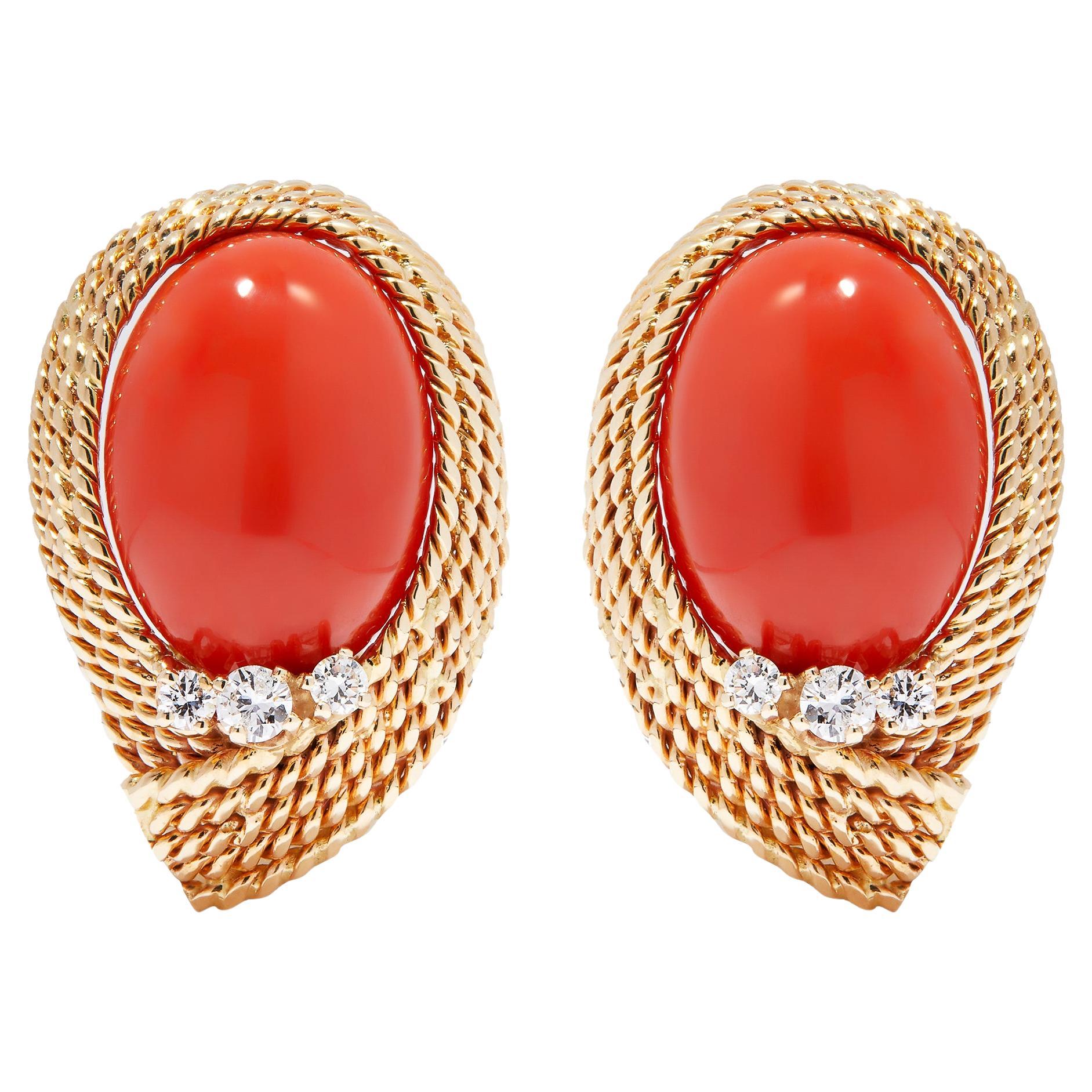 Designer Earrings with Gold Rope Twist and Coral Cabochons For Sale