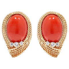 Designer Earrings with Gold Rope Twist and Coral Cabochons