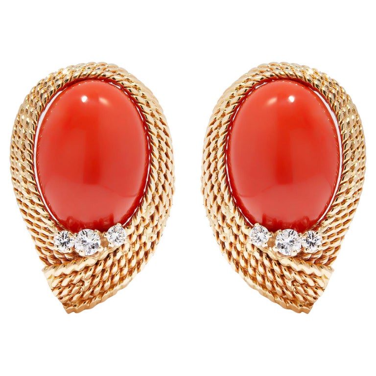 Designer Earrings with Gold Rope Twist and Coral Cabochons For Sale at