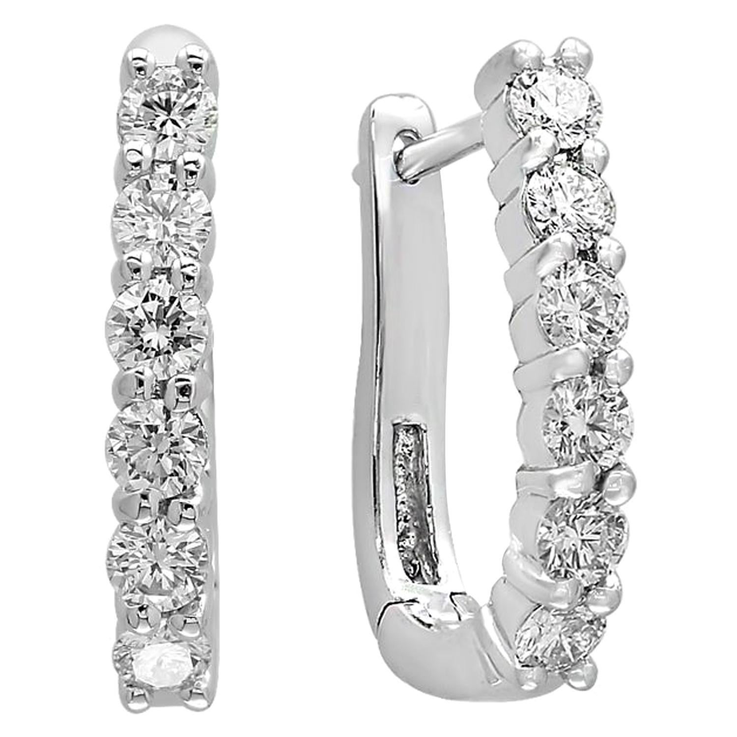 Designer Effy 14 Karat White Gold 1.0 Carat Round Diamond Huggies Hoop Earrings