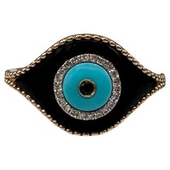 Designer Effy Diamond Onyx Turquoise Evil Eye Ring 14kt Gold NWT