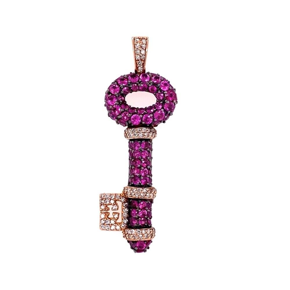 Modern Designer EFFY Ruby and Diamond Open Key Gold Pendant Estate Fine Jewelry For Sale
