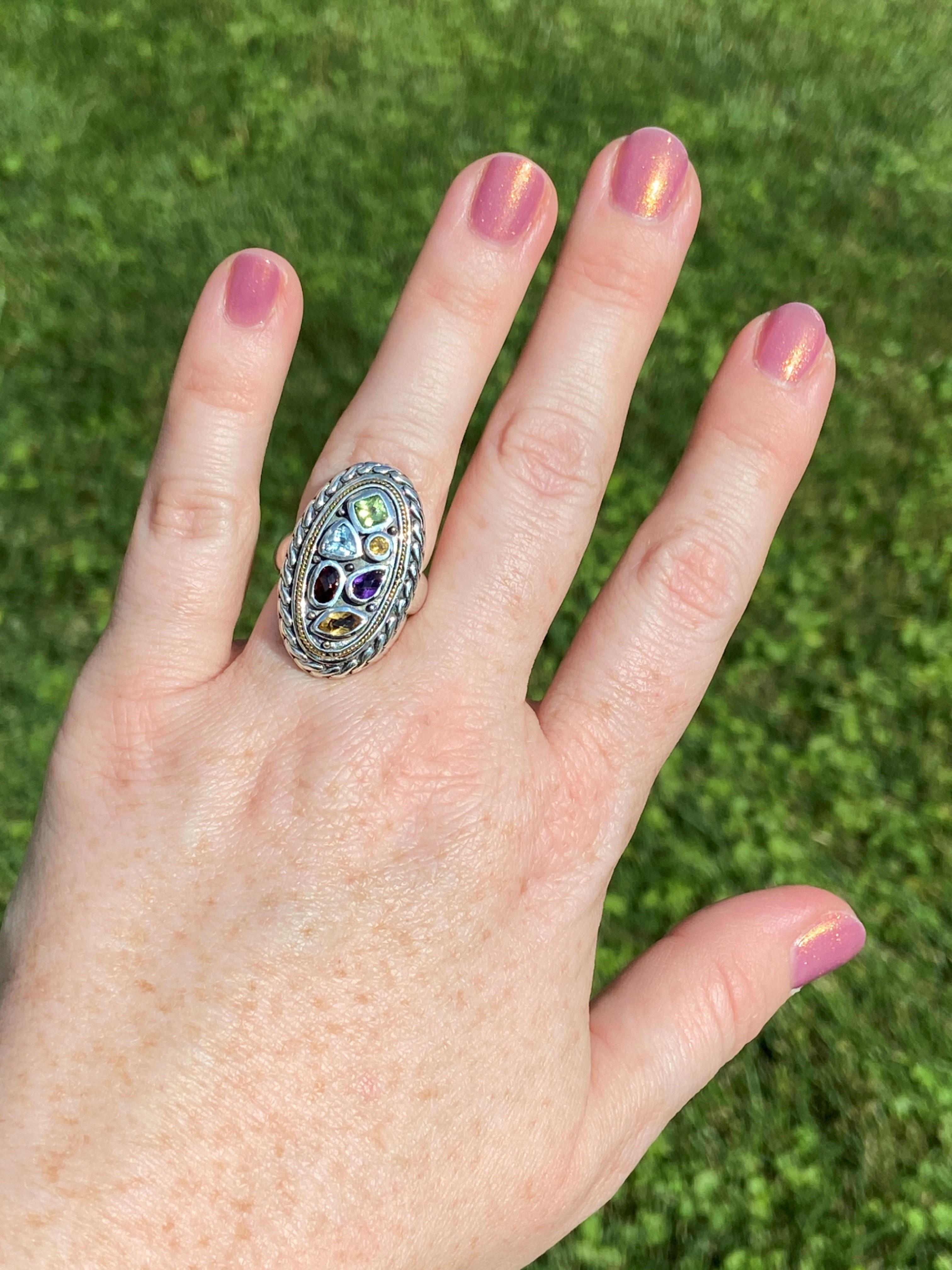 Mixed Cut Designer Effy Sterling Silver and 18k Gold Multi-Gemstone Ring