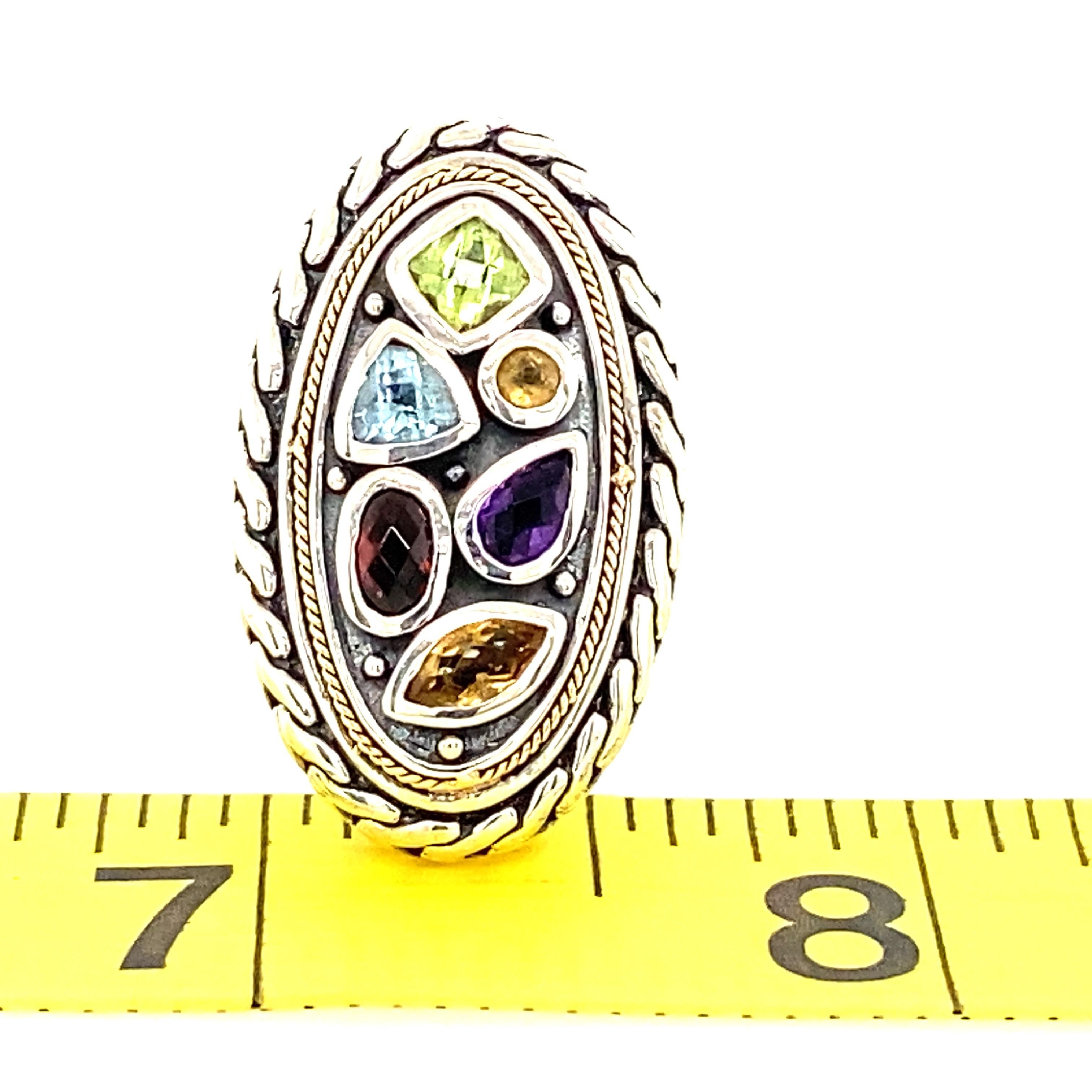 Designer Effy Sterling Silver and 18k Gold Multi-Gemstone Ring In Good Condition In Towson, MD