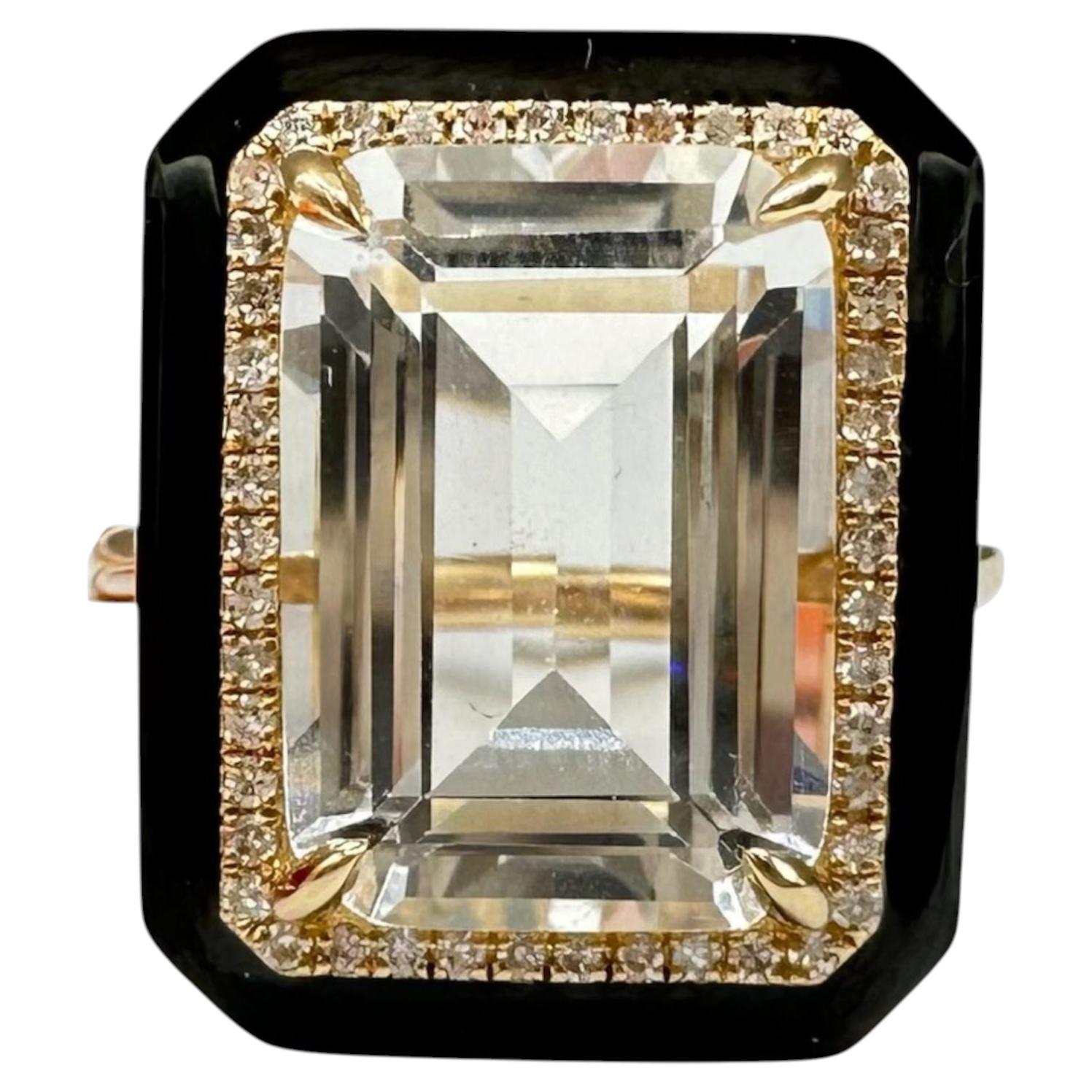 Designer Effy White Topaz Diamond Enamel Ring 14kt Gold 9.80ct NWT For Sale