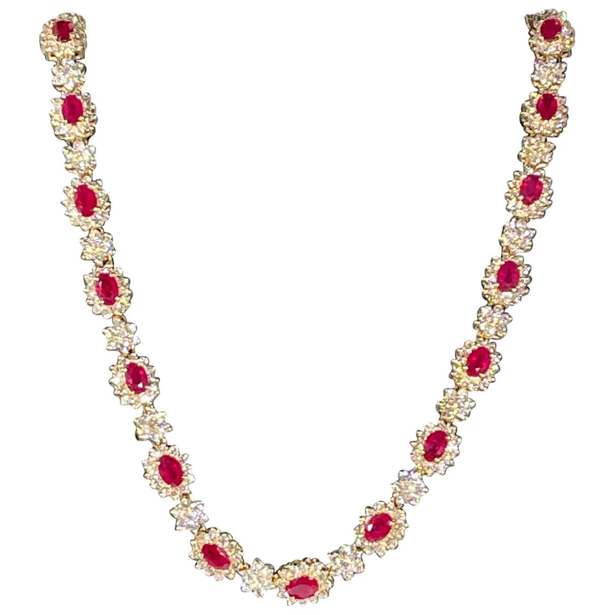 Designer Effy's 14ct Oval Shape Natural Ruby & 11 Ct Diamond Necklace 14KY Gold
