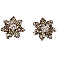 Designer Effy's 1.5 Carat Expresso Diamond Flower Stud Earrings 14 Karat Gold