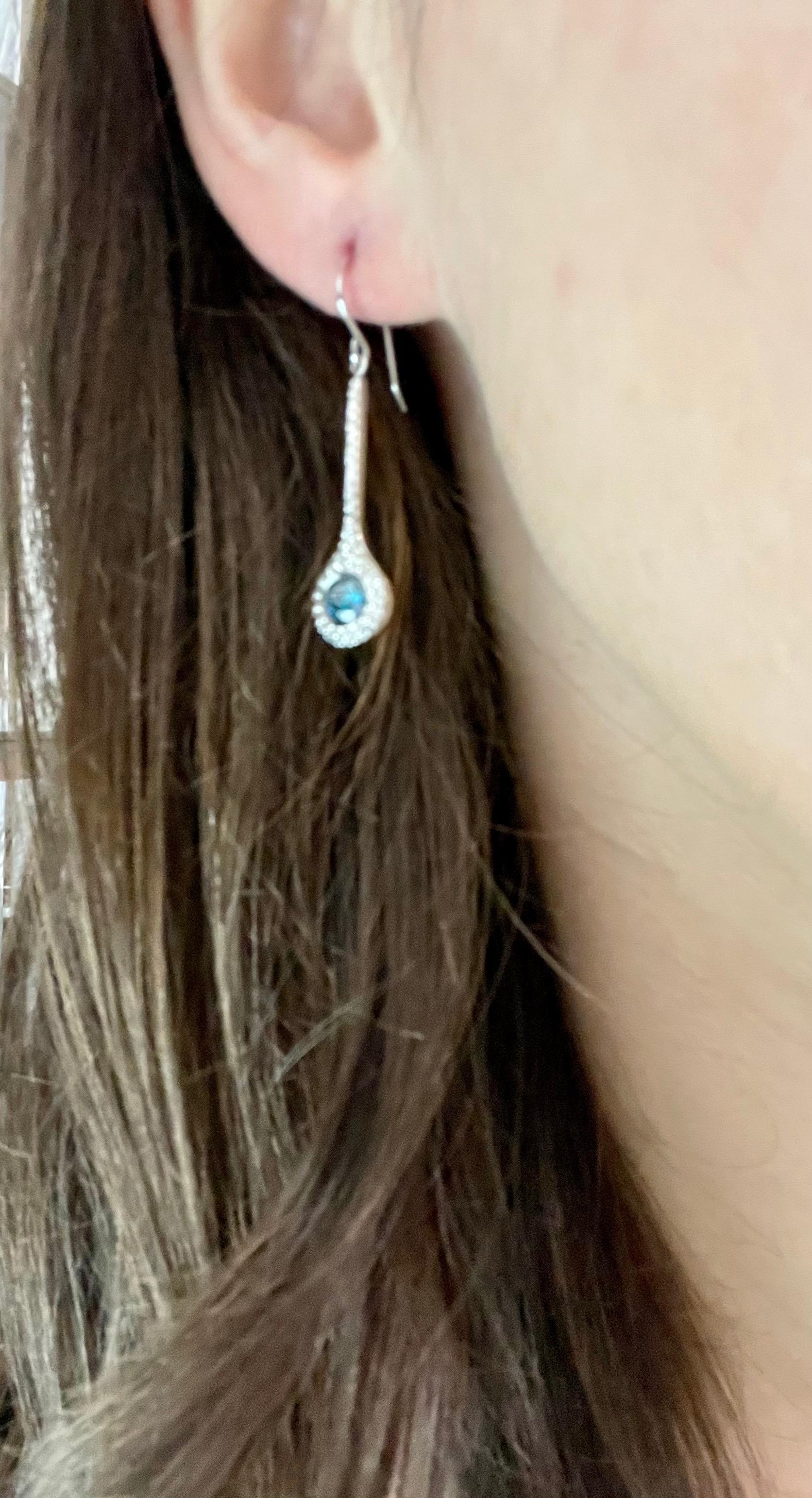 Designer Effy's 1.57 Carat Blue & White Diamond Dangling Earrings 14K White Gold 5