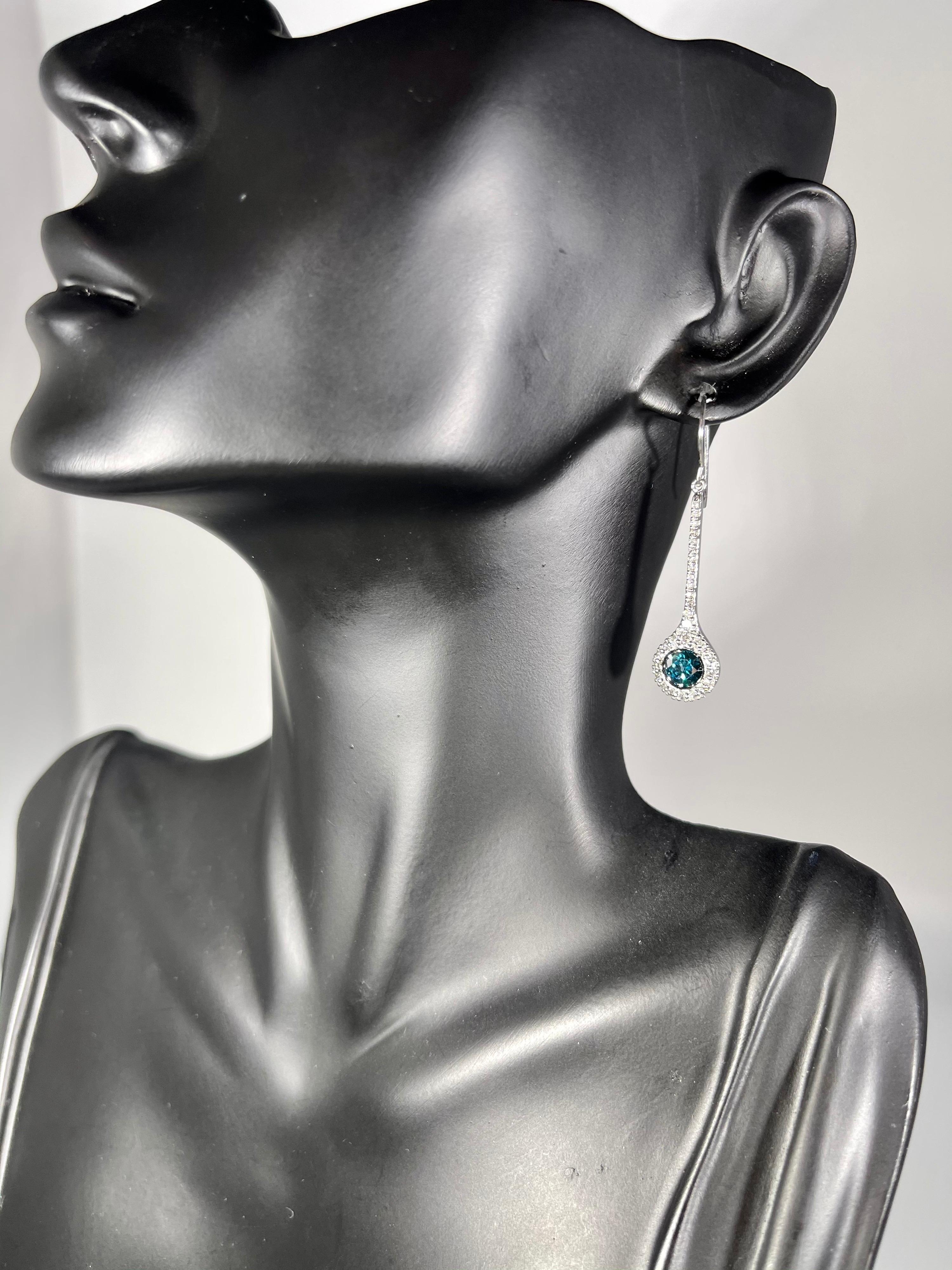 Round Cut Designer Effy's 1.57 Carat Blue & White Diamond Dangling Earrings 14K White Gold