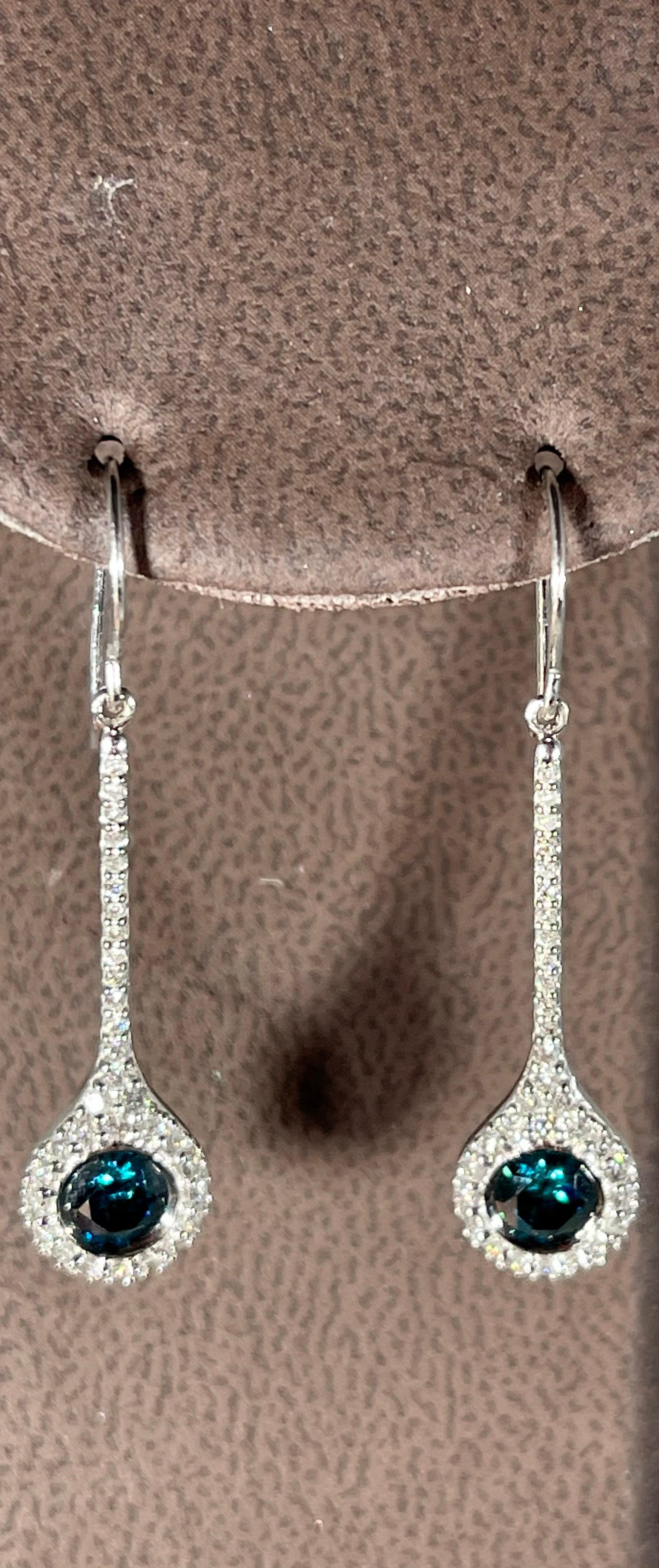 Designer Effy's 1.57 Carat Blue & White Diamond Dangling Earrings 14K White Gold 3