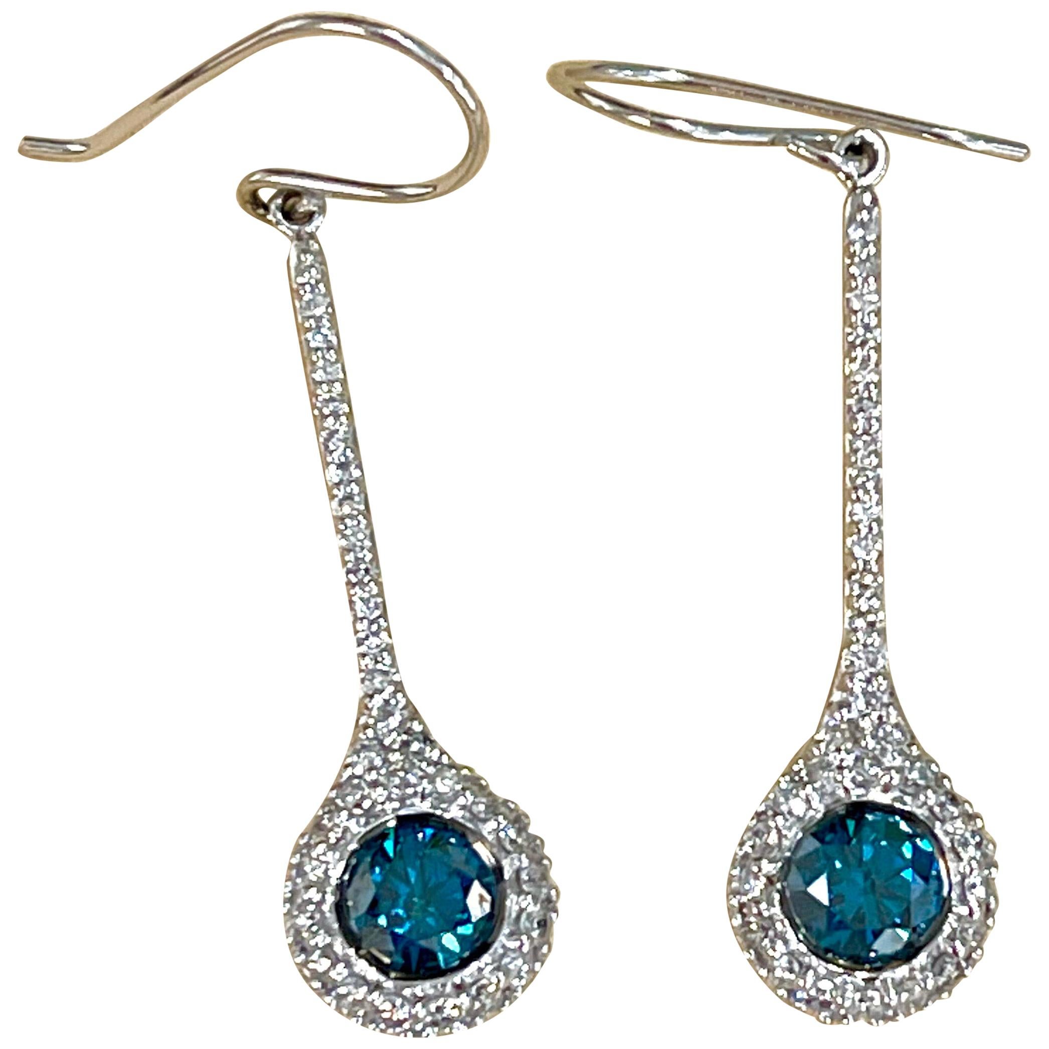Designer Effy's 1.57 Carat Blue & White Diamond Dangling Earrings 14K White Gold