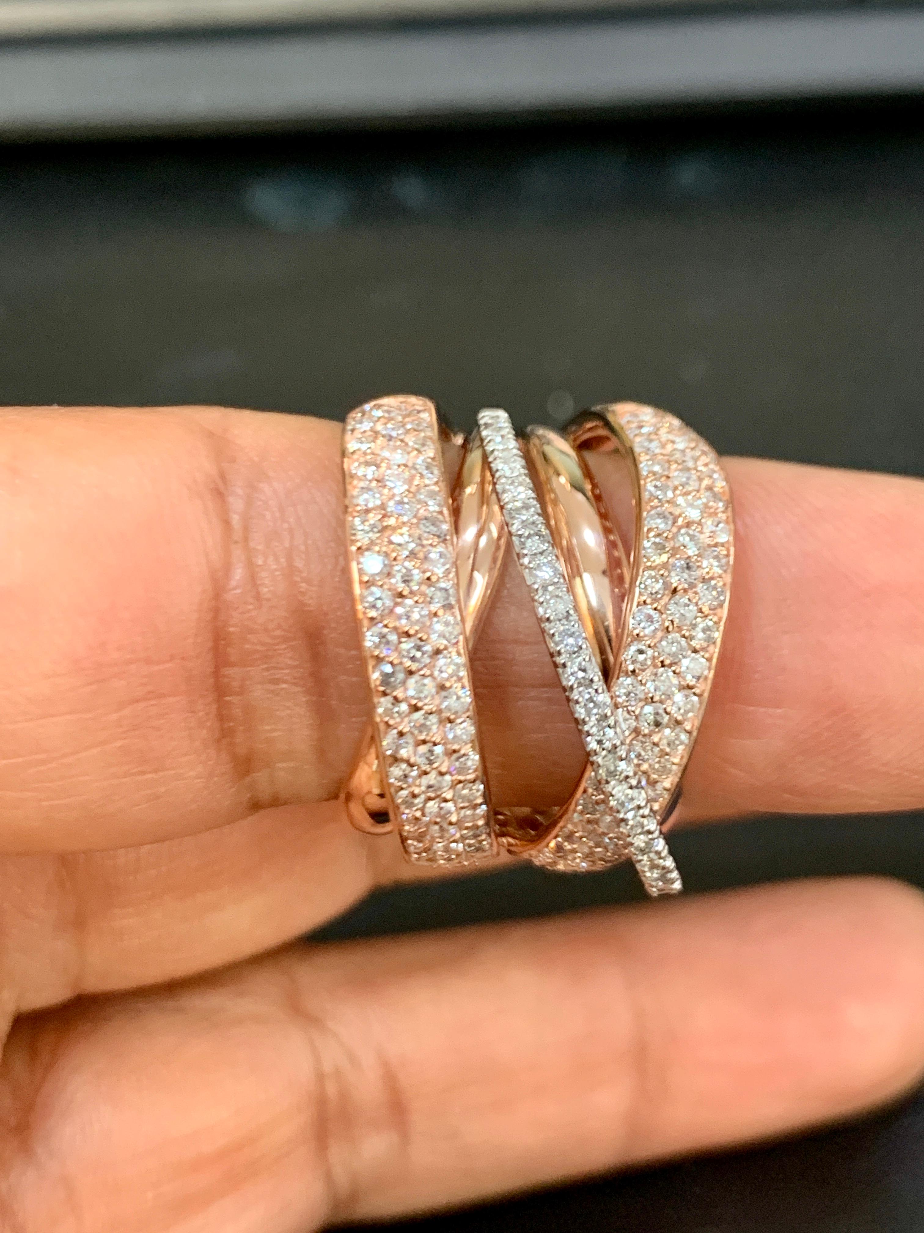 1.6 Carat Diamond  Cocktail Ring 14 Karat Rose Gold Ring
Two Bands of diamonds in rose gold and one band of diamond in white gold.
Total  Approximately 160  Brilliant cut round diamonds 

Diamond SI to VS  quality and G/H Color
This is a very