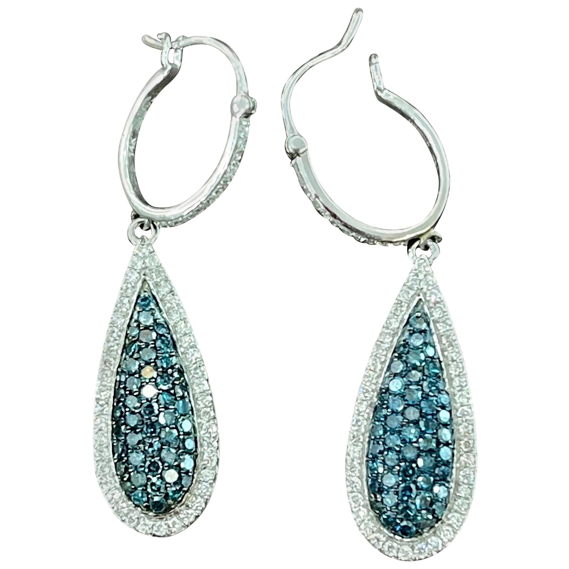 Designer Effy's 1.64 Carat Blue & White Diamond Dangling Earrings 14 Karat Gold