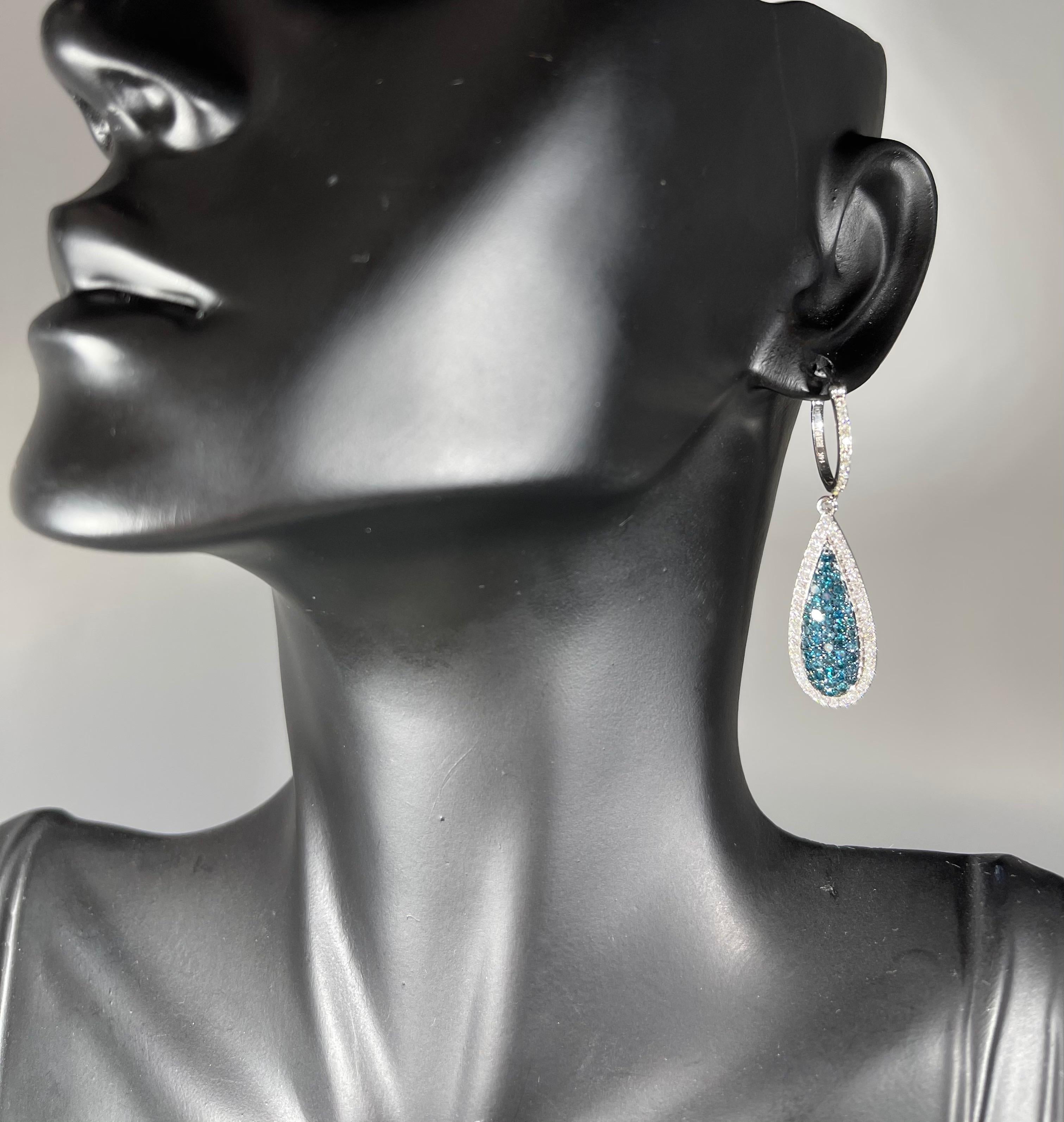 Designer Effy's 1.64 Carat Blue & White Diamond Dangling Earrings 14 Karat Gold 8