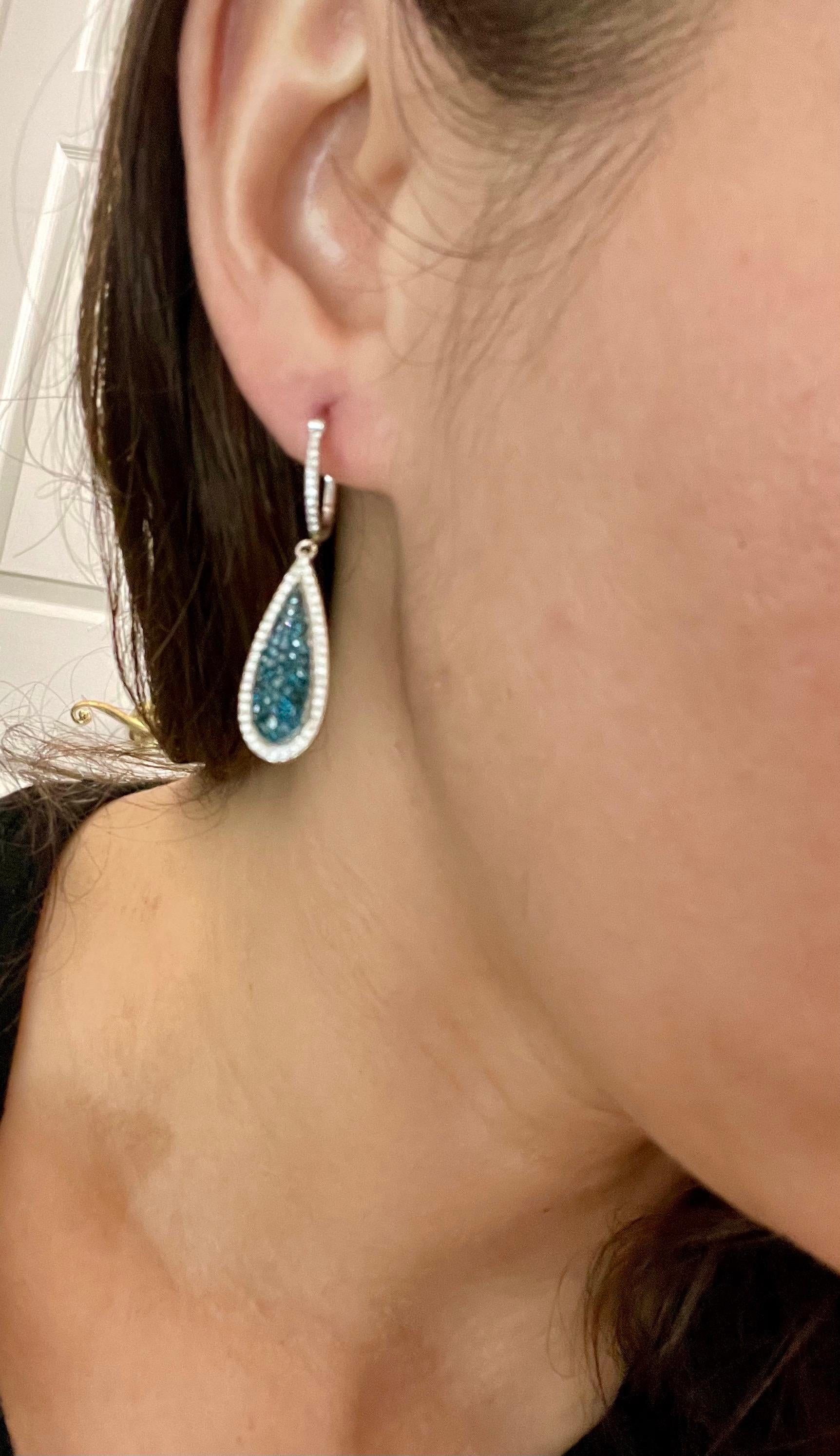 Women's Designer Effy's 1.64 Carat Blue & White Diamond Dangling Earrings 14 Karat Gold