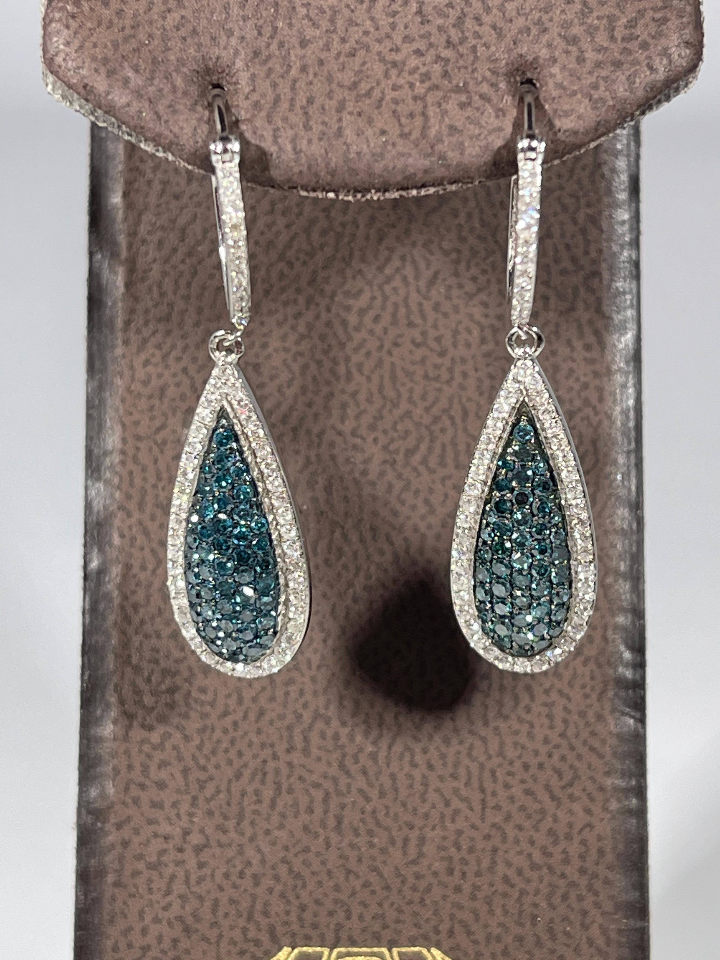 Designer Effy's 1.64 Carat Blue & White Diamond Dangling Earrings 14 Karat Gold 1