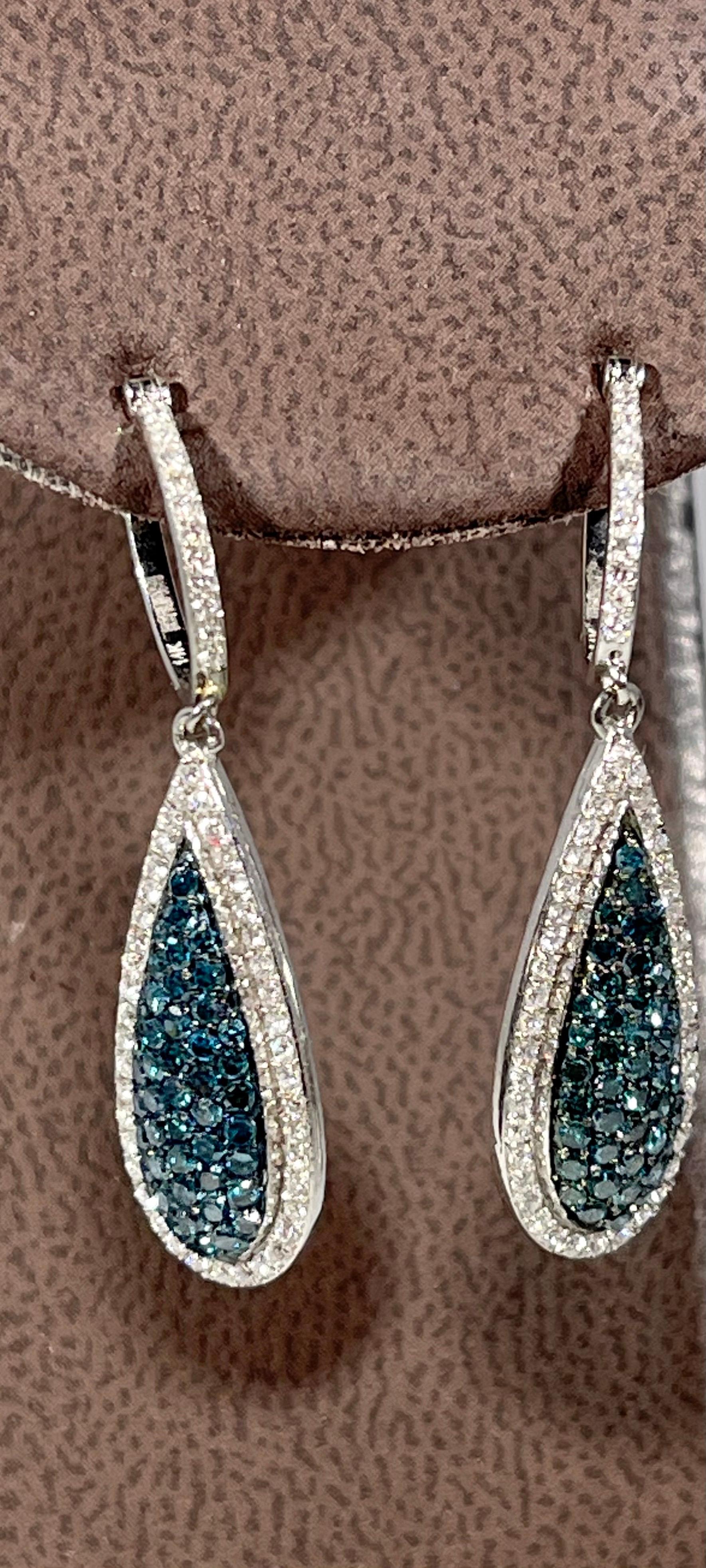 Designer Effy's 1.64 Carat Blue & White Diamond Dangling Earrings 14 Karat Gold 2