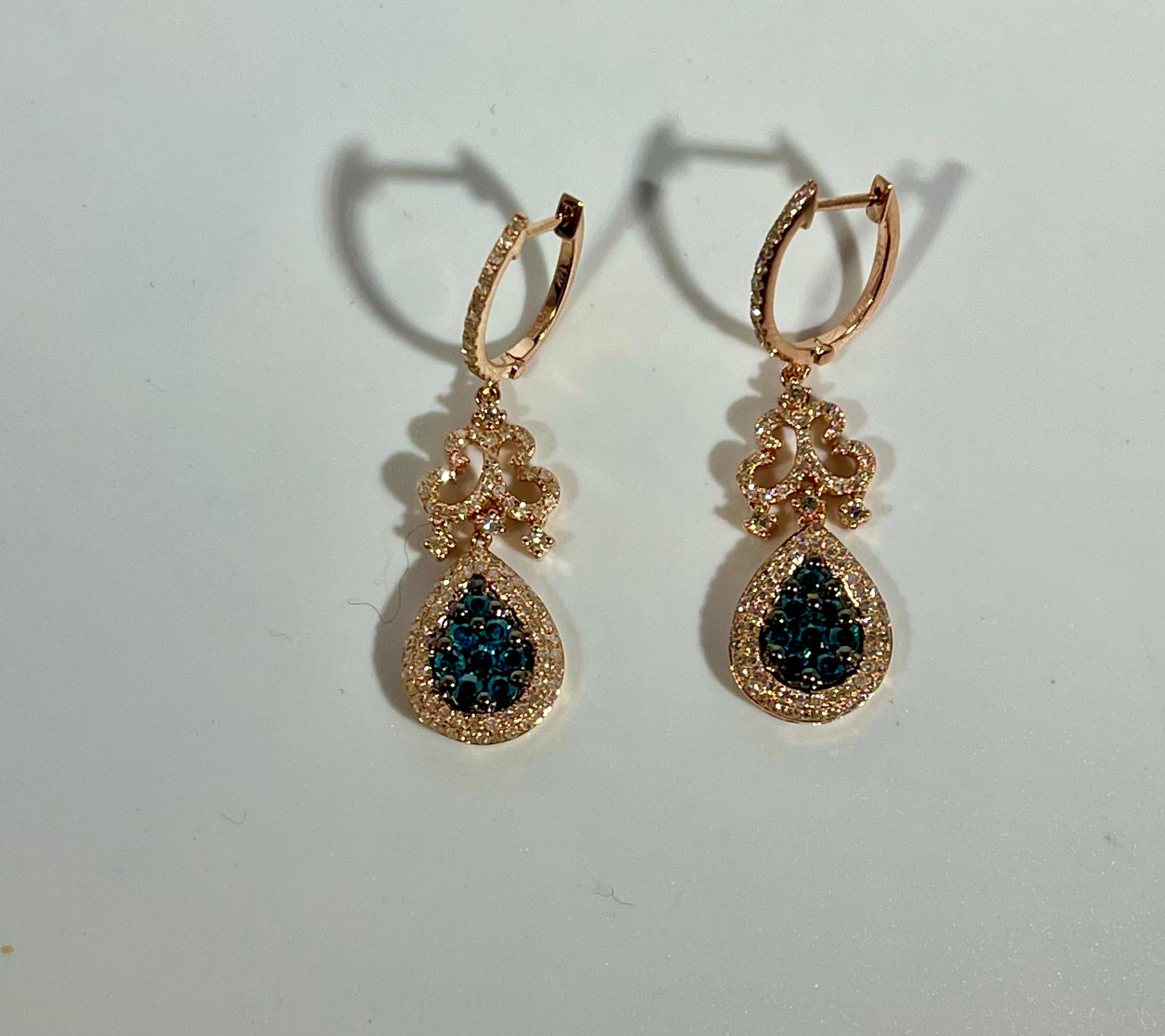 Designer Effy's 1.72 Carat Blue & White Diamond Dangling Earrings 14 K Rose Gold 5