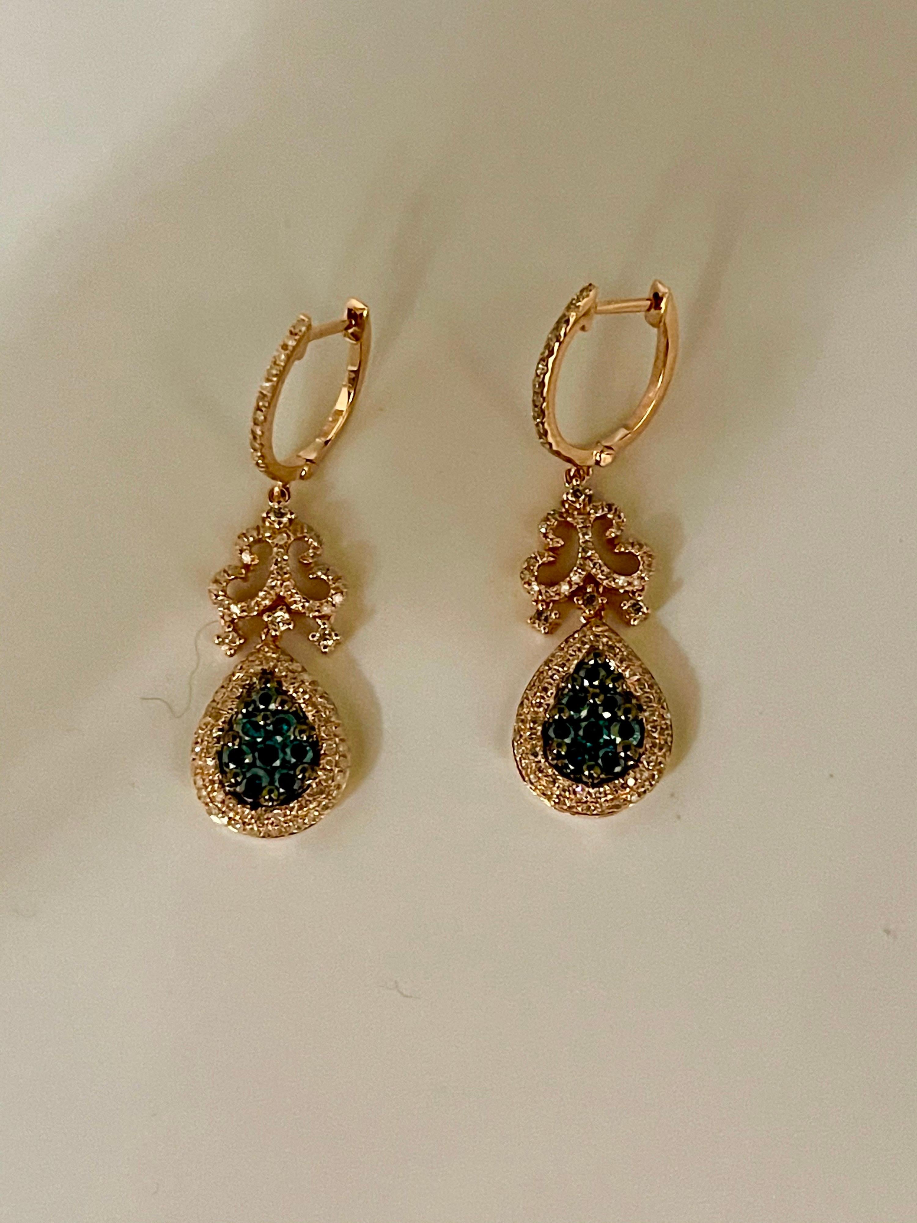 Designer Effy's 1.72 Carat Blue & White Diamond Dangling Earrings 14 K Rose Gold 6