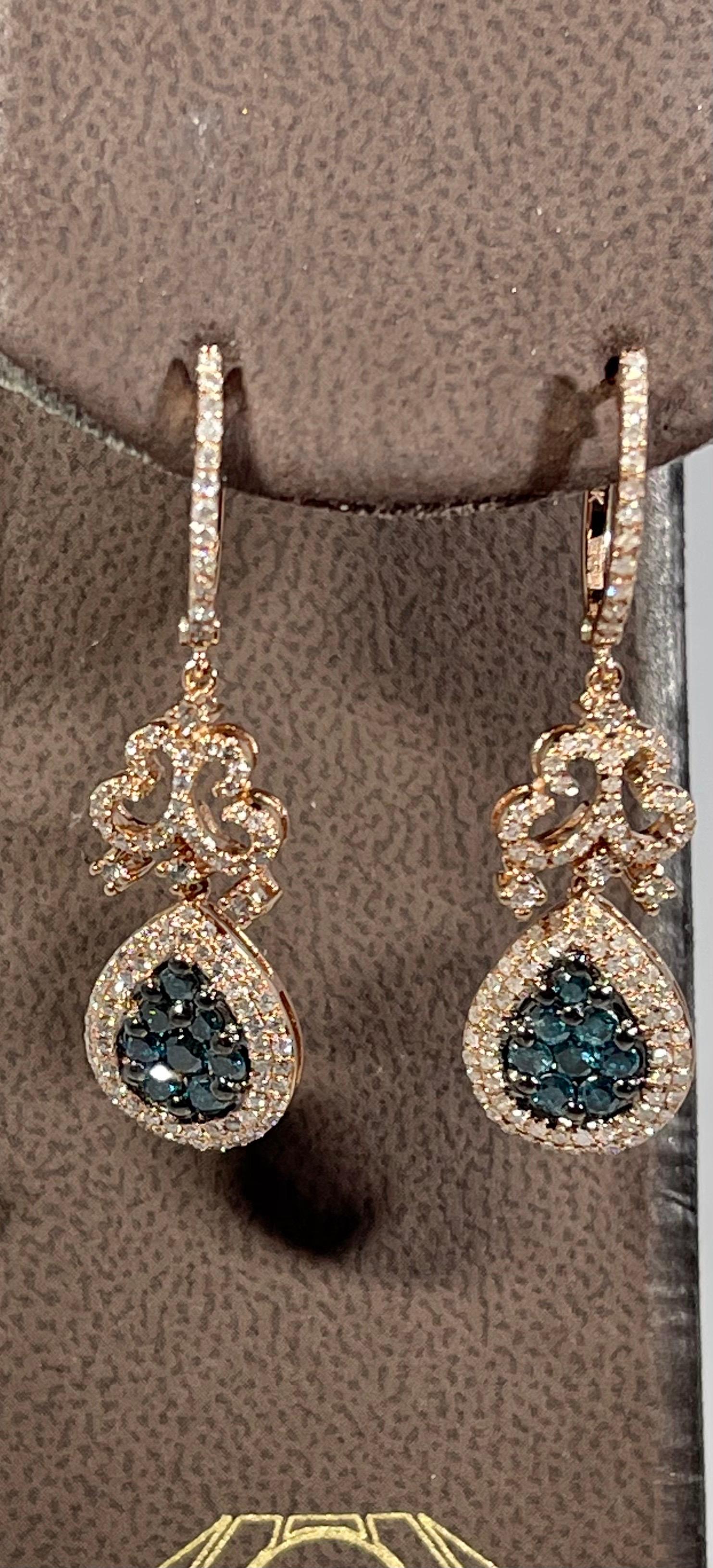 Round Cut Designer Effy's 1.72 Carat Blue & White Diamond Dangling Earrings 14 K Rose Gold