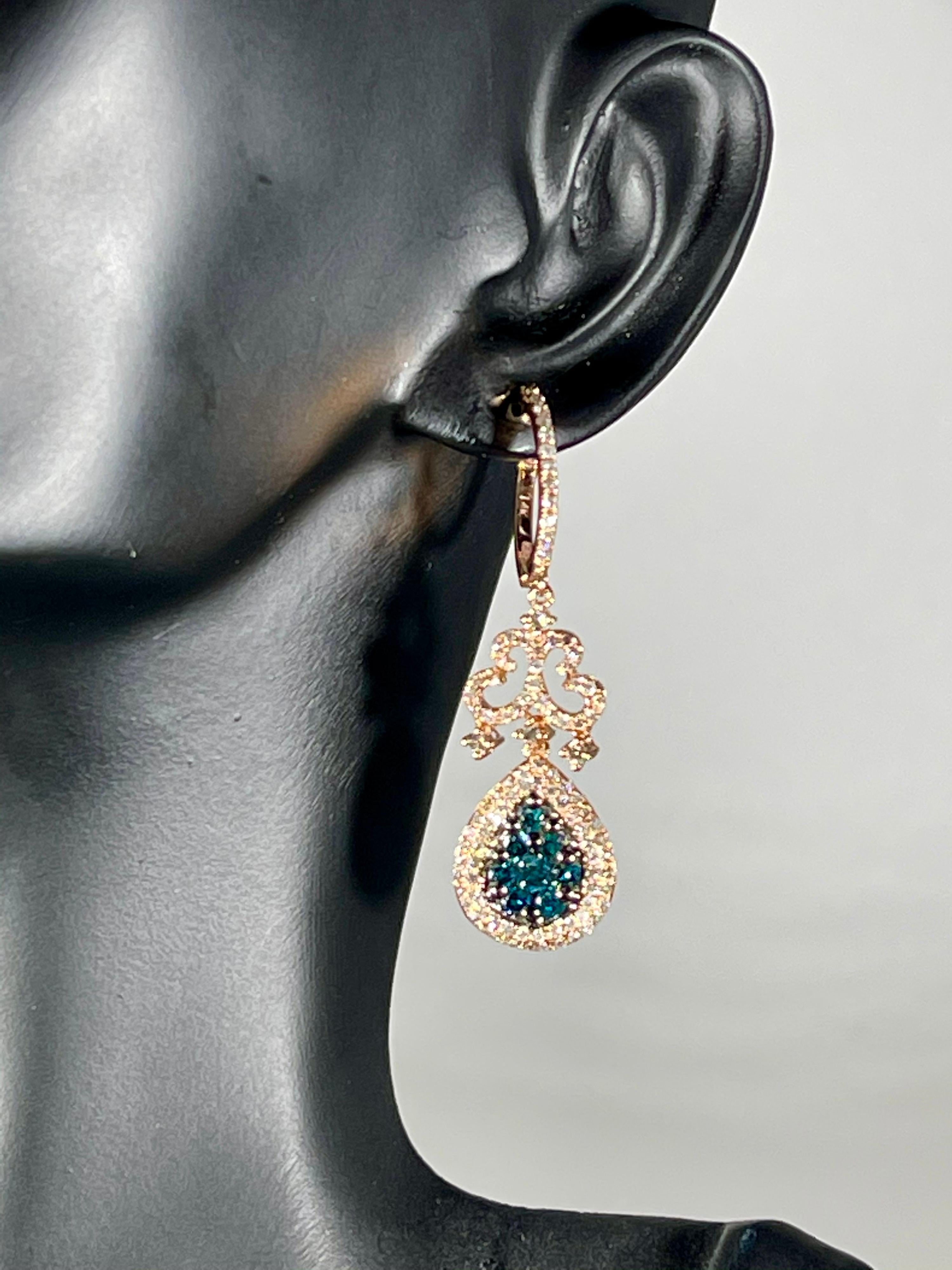 Women's Designer Effy's 1.72 Carat Blue & White Diamond Dangling Earrings 14 K Rose Gold