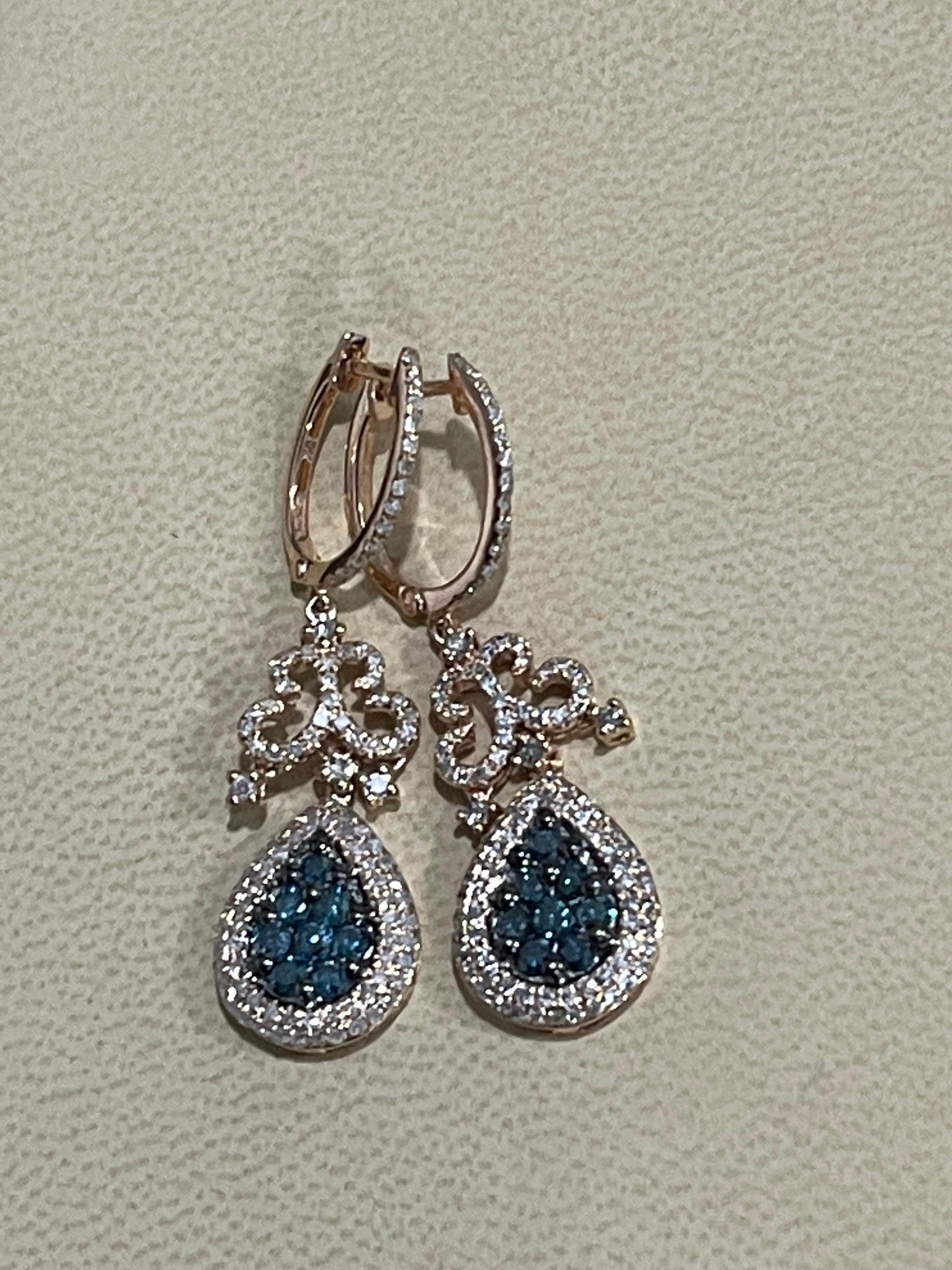 Designer Effy's 1.72 Carat Blue & White Diamond Dangling Earrings 14 K Rose Gold 1