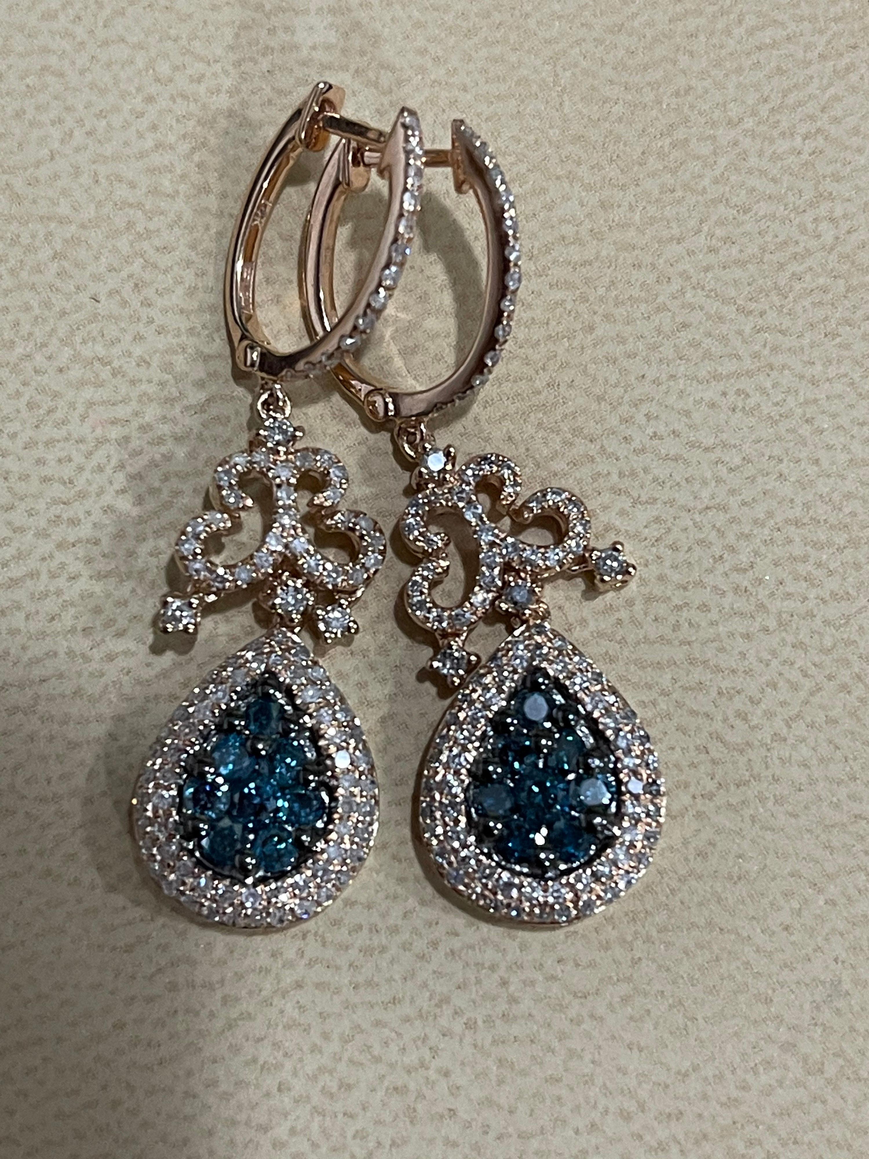 Designer Effy's 1.72 Carat Blue & White Diamond Dangling Earrings 14 K Rose Gold 2