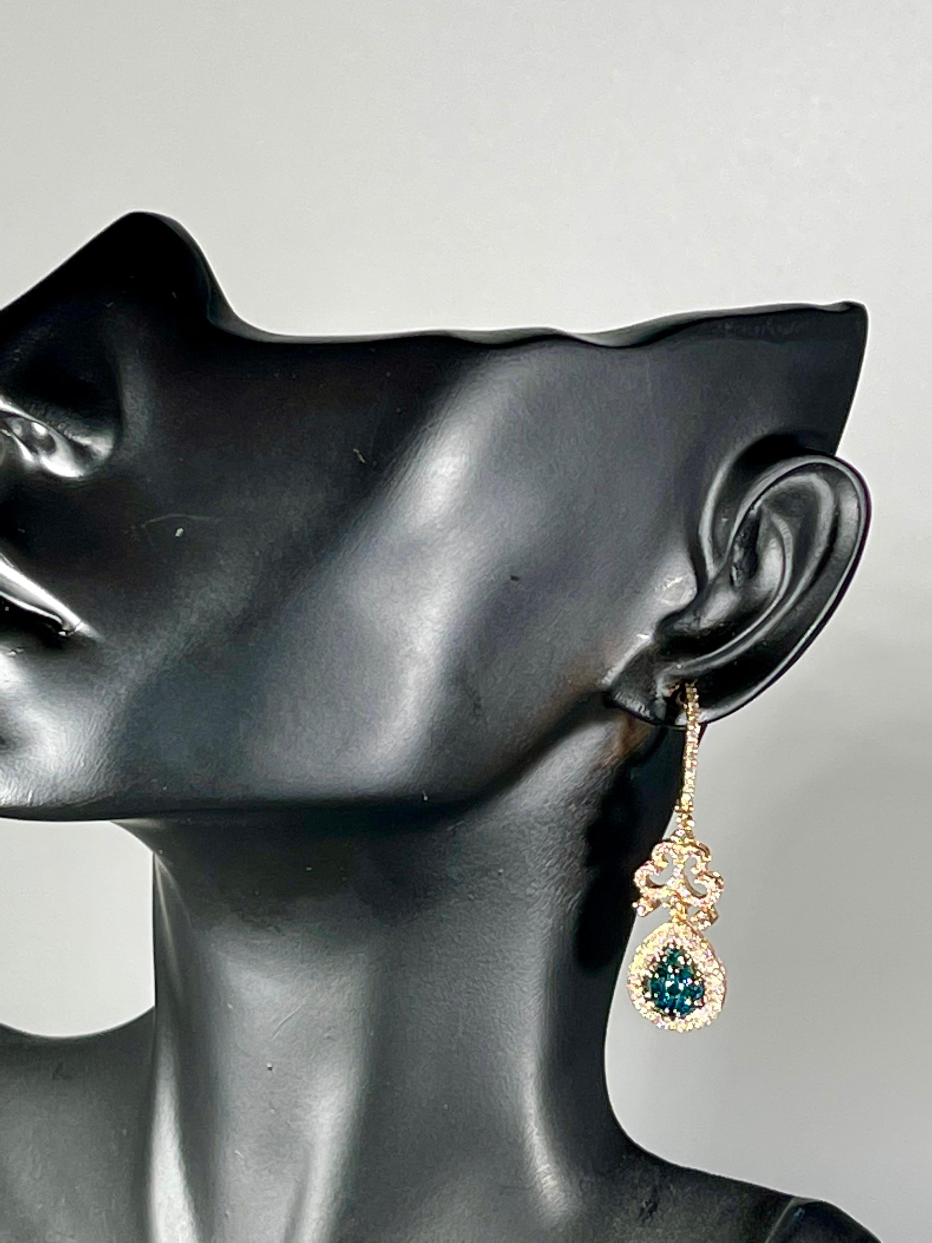 Designer Effy's 1.72 Carat Blue & White Diamond Dangling Earrings 14 K Rose Gold 3