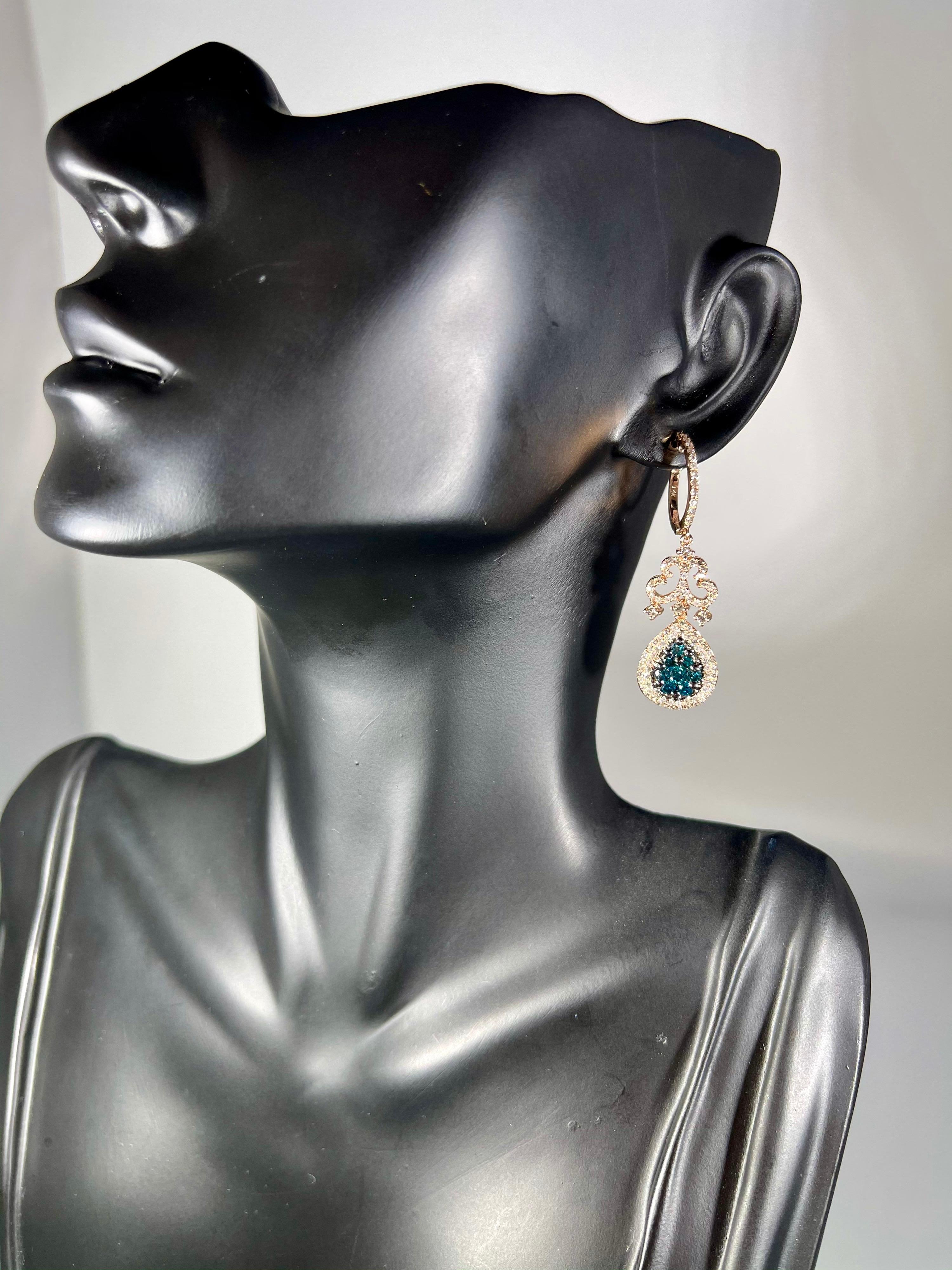 Designer Effy's 1.72 Carat Blue & White Diamond Dangling Earrings 14 K Rose Gold 4
