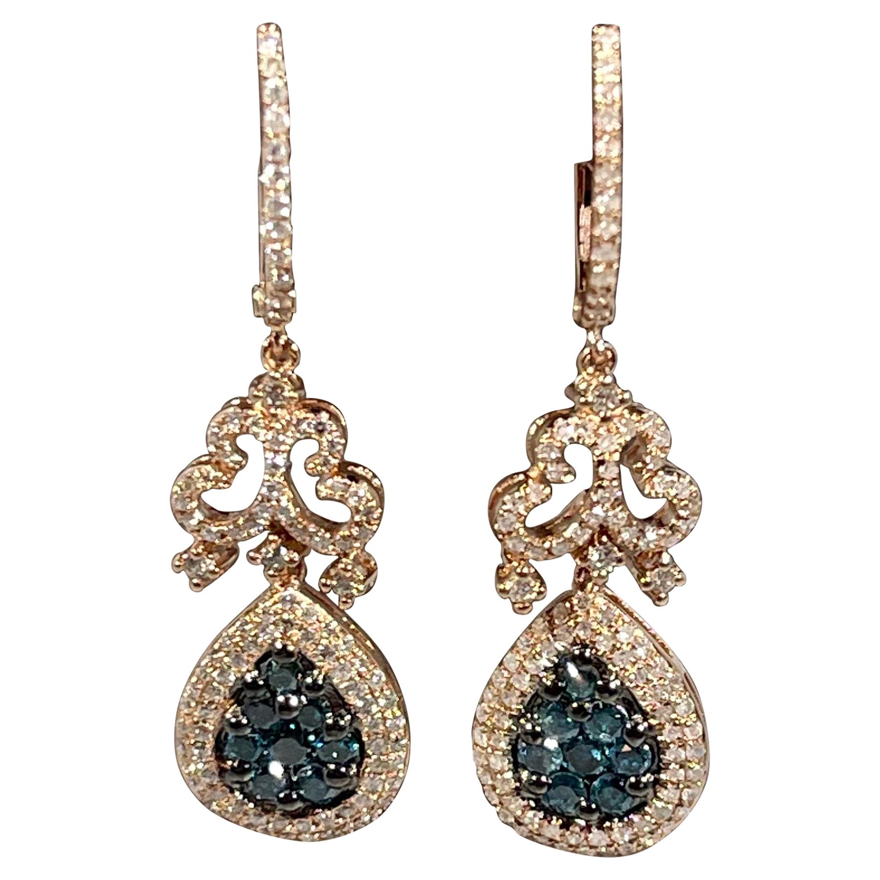 Designer Effy's 1.72 Carat Blue & White Diamond Dangling Earrings 14 K Rose Gold