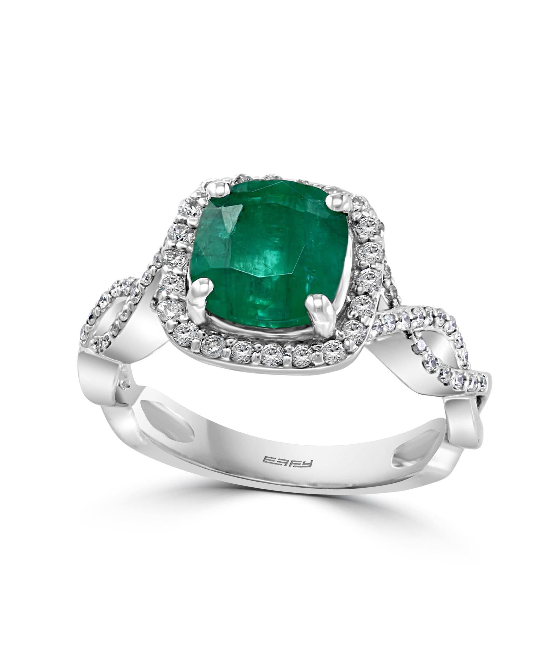 Round Cut Designer Effy's 1.8 Carat Emerald and Diamond Cocktail Ring 14 Karat White Gold