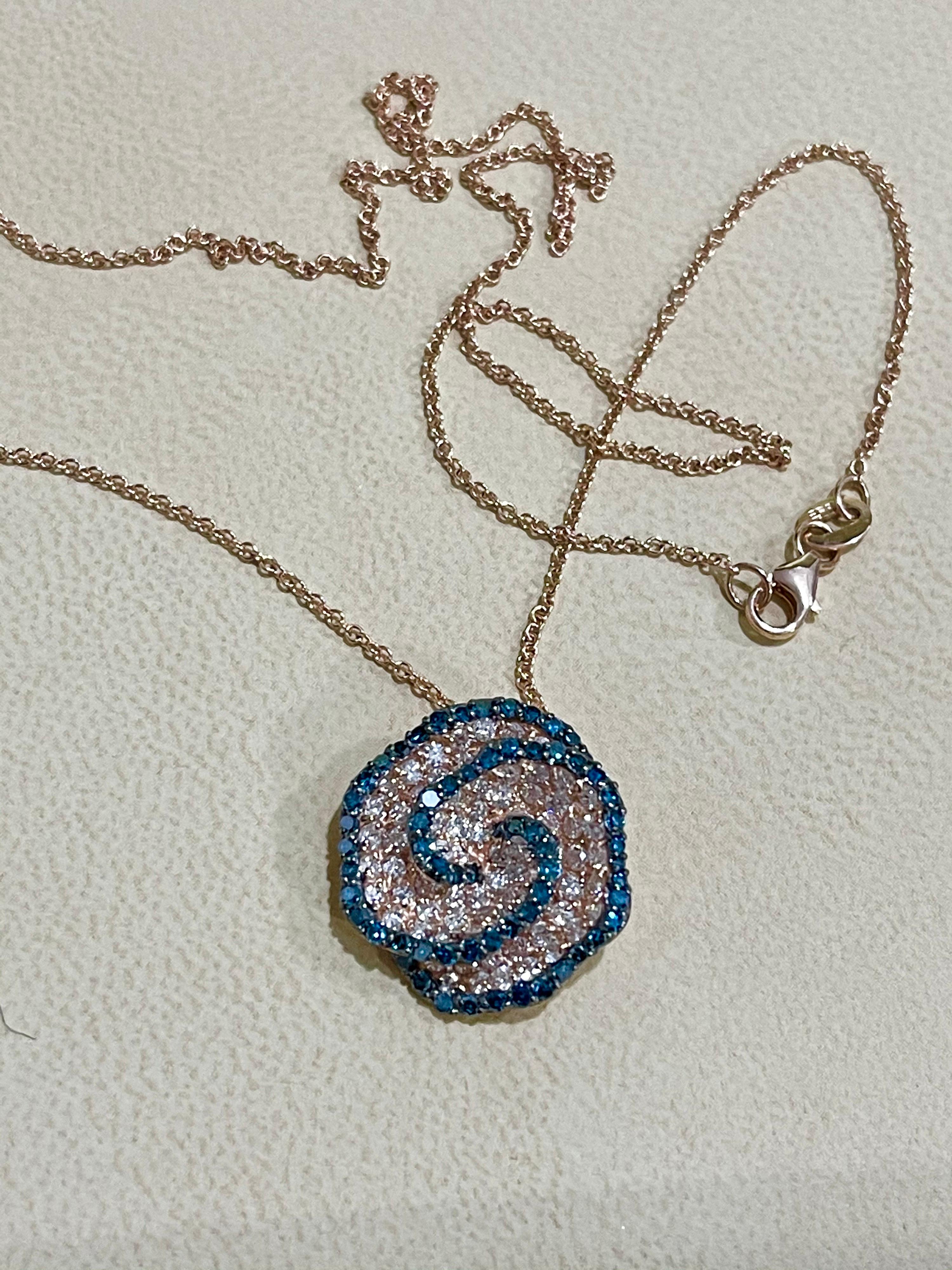 Round Cut Designer Effy's Blue and White Diamond Celtic Pendant /Necklace 14 Karat Gold