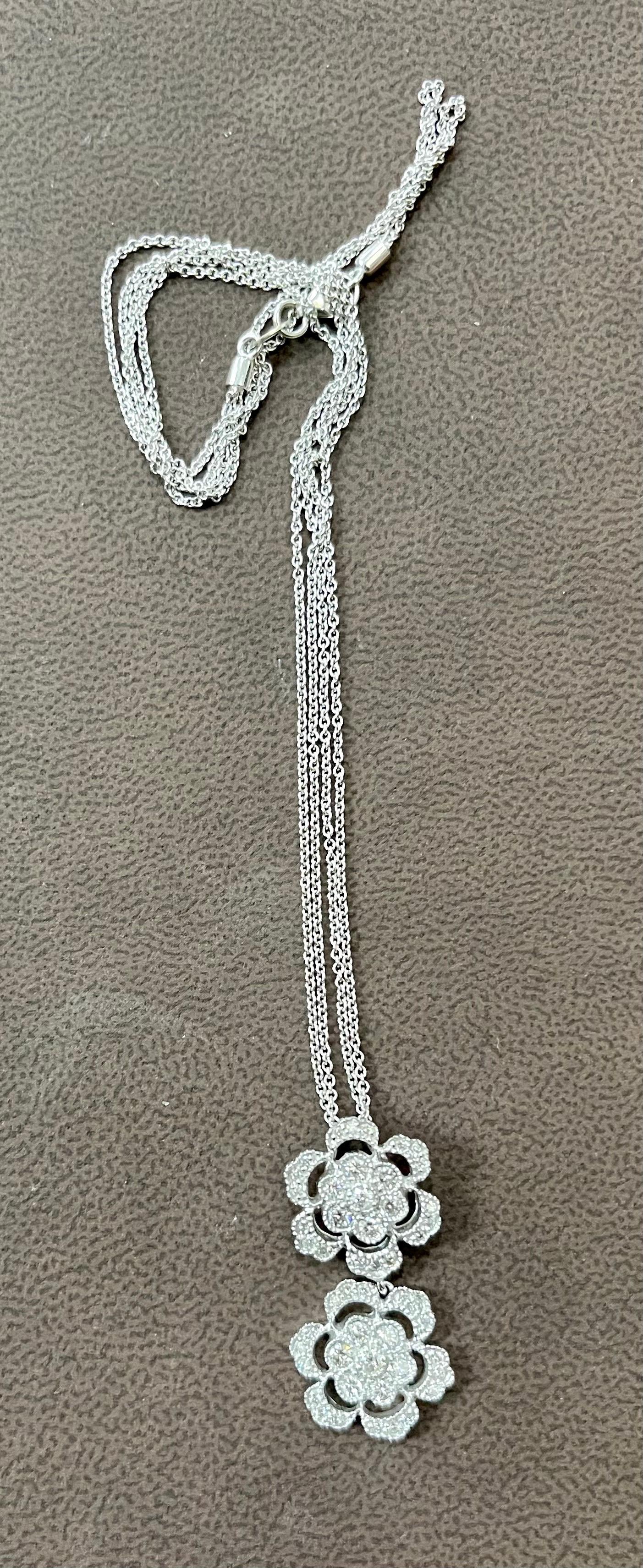 Round Cut Designer Effy's Diamond Double Flower Double Chain Pendant/Necklace 14 KW Gold