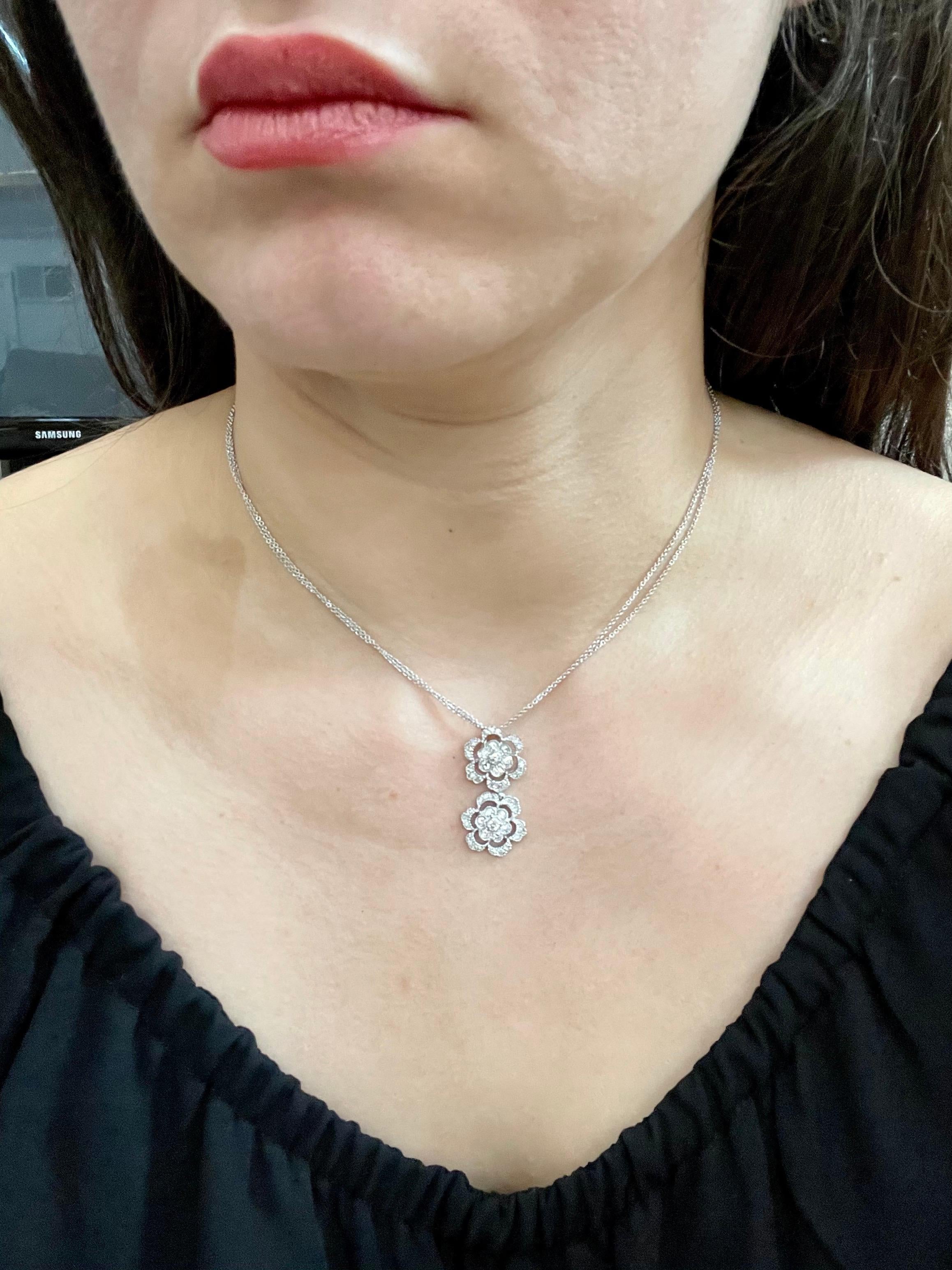 Designer Effy's Diamond Double Flower Double Chain Pendant/Necklace 14 KW Gold 1