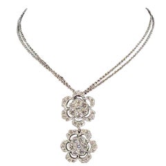 Designer Effy's Diamond Double Flower Double Chain Pendant/Necklace 14 KW Gold