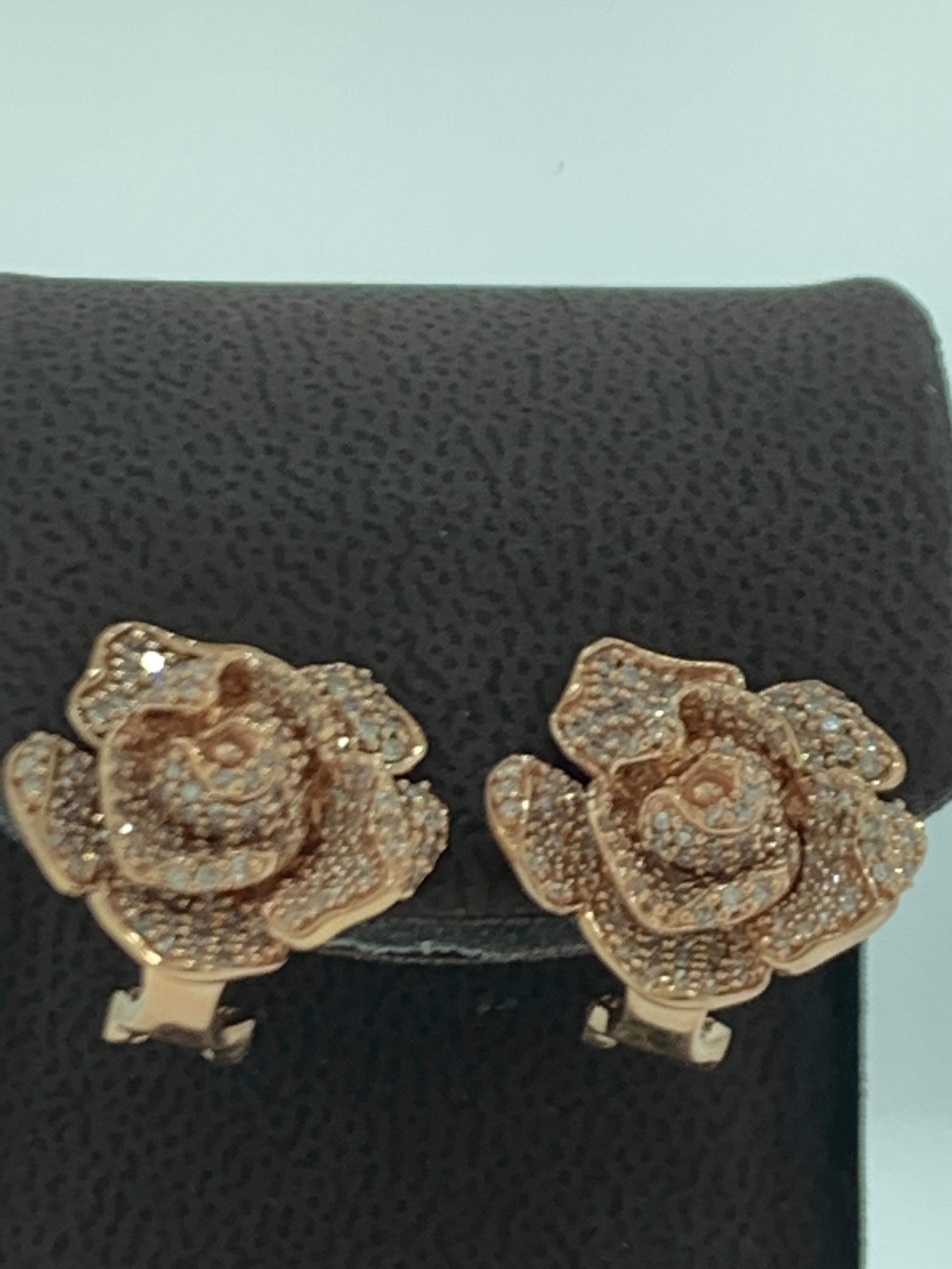 Women's Designer Effy's Diamond Rose Flower Stud Omega back Earrings 14 Karat Rose Gold