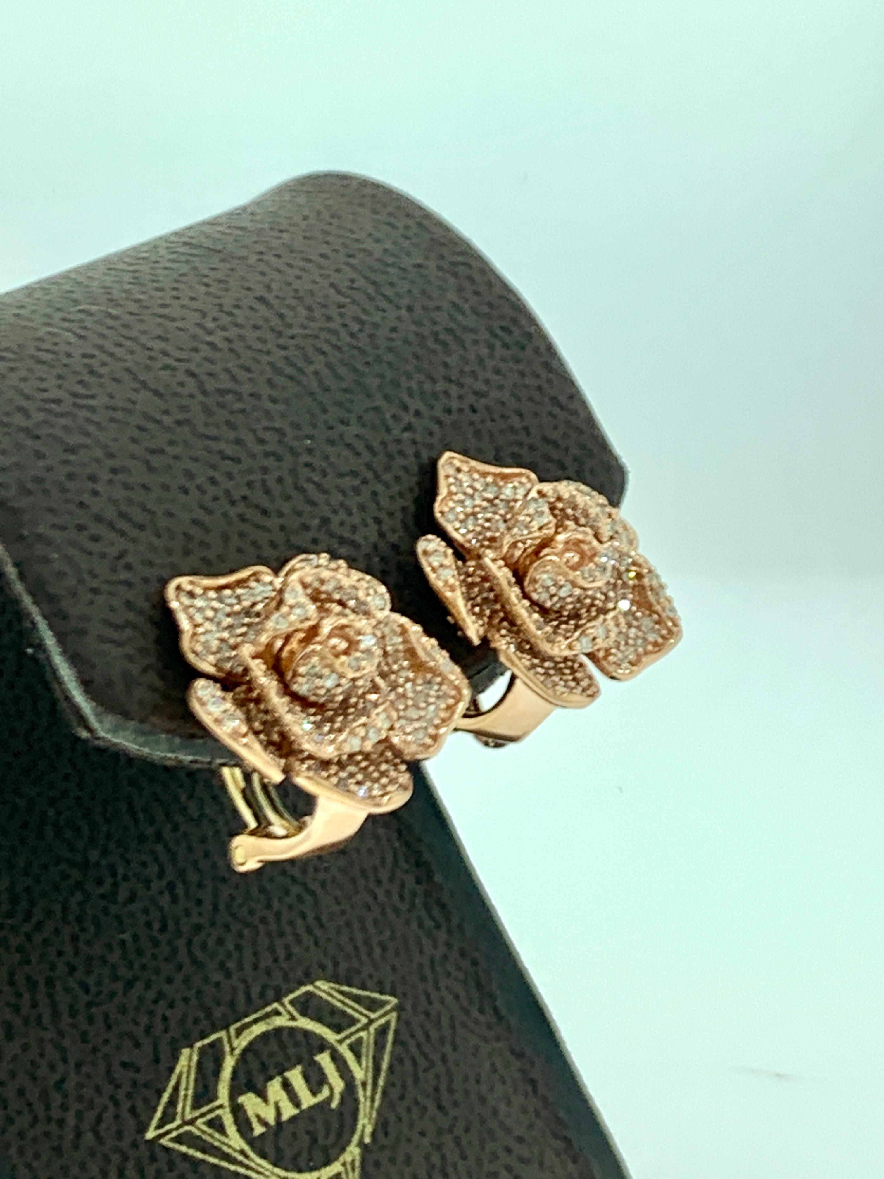 Designer Effy's Diamond Rose Flower Stud Omega back Earrings 14 Karat Rose Gold 1