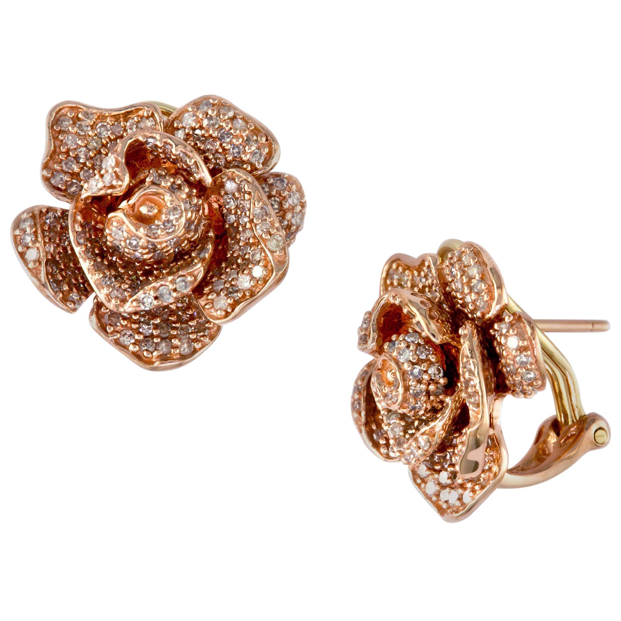 Designer Effy's Diamond Rose Flower Stud Omega back Earrings 14 Karat Rose Gold